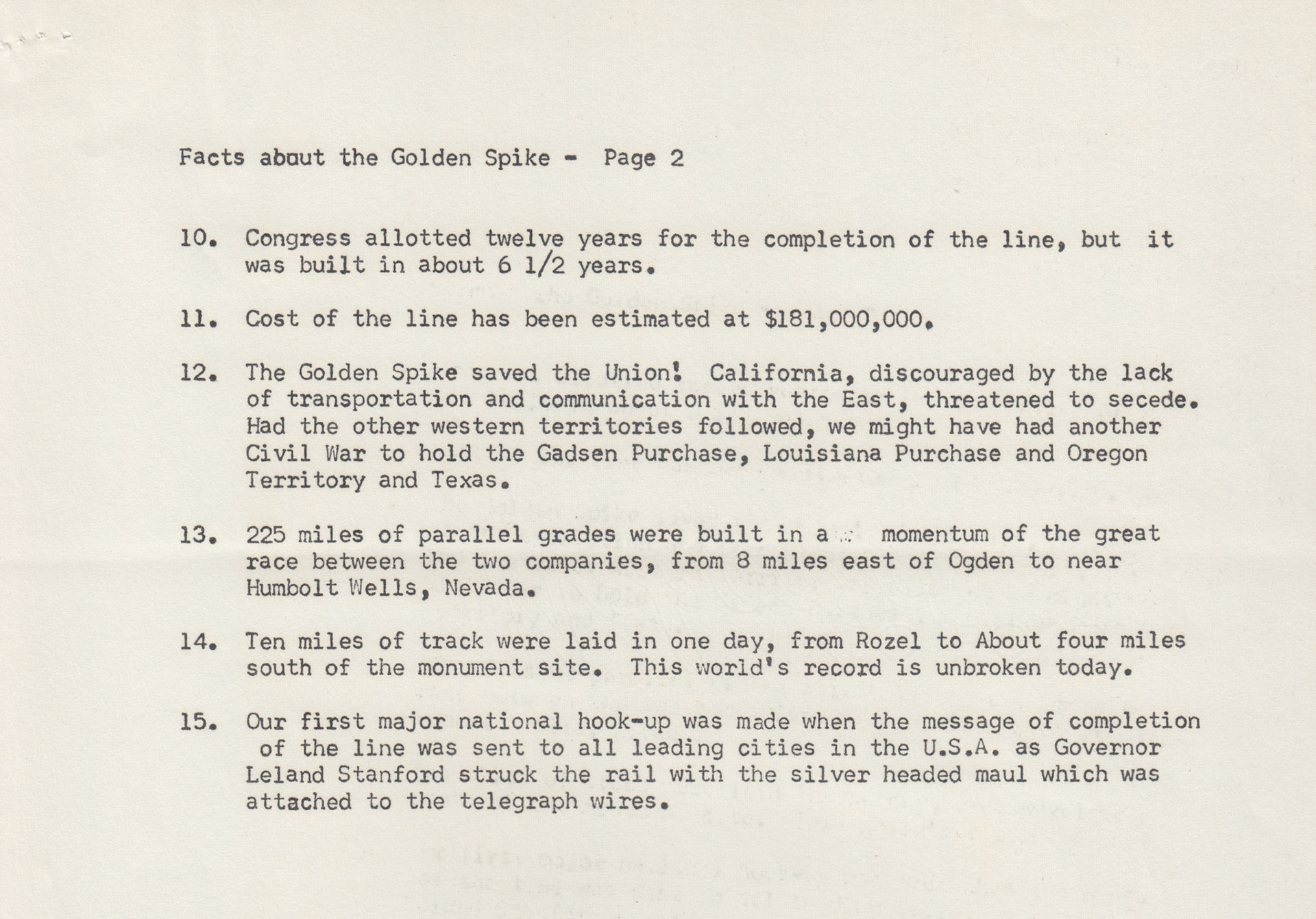 Facts about the Golden Spike, Apr. 22, 1954, page 2. Bernice Gibbs Anderson Collection, NPS