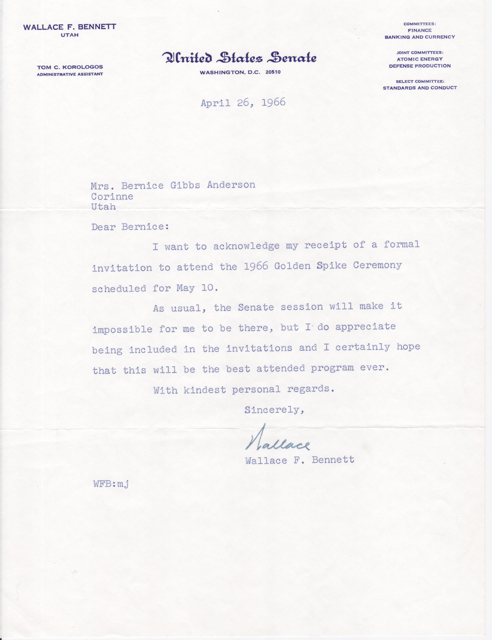 Regrets from Senator Wallace F. Bennett, April 26, 1966. Bernice Gibbs Anderson Collection, NPS