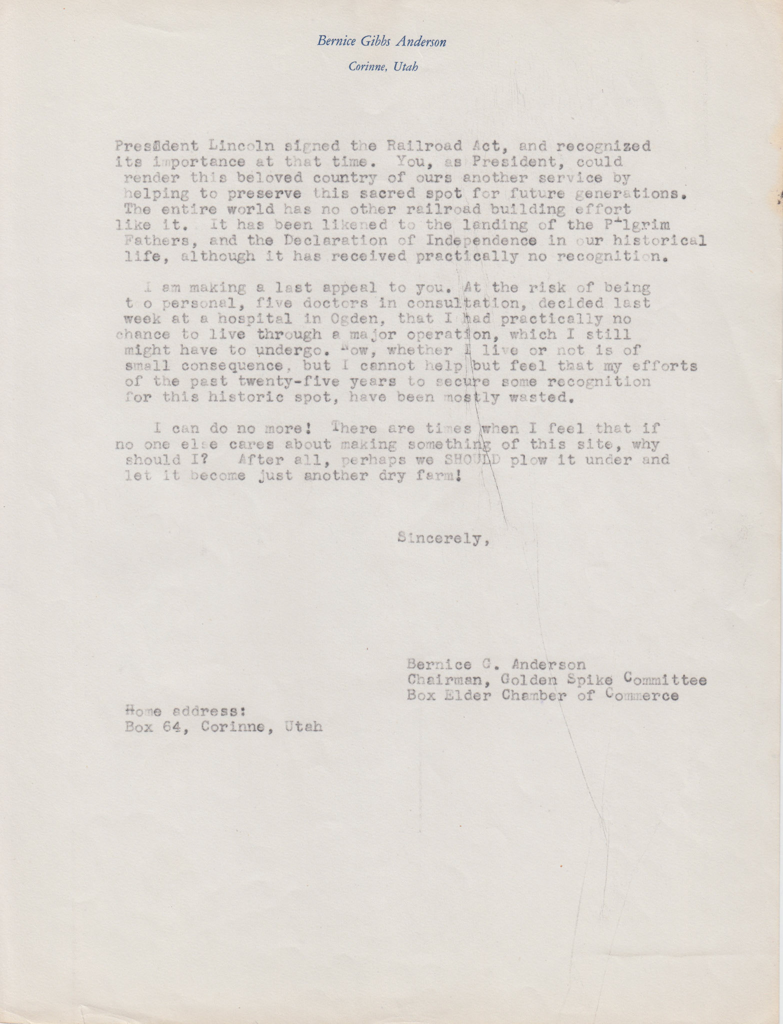 Copy of letter to President Eisenhower, Apr. 19. 1954, page 2. Bernice Gibbs Anderson Collection, NPS