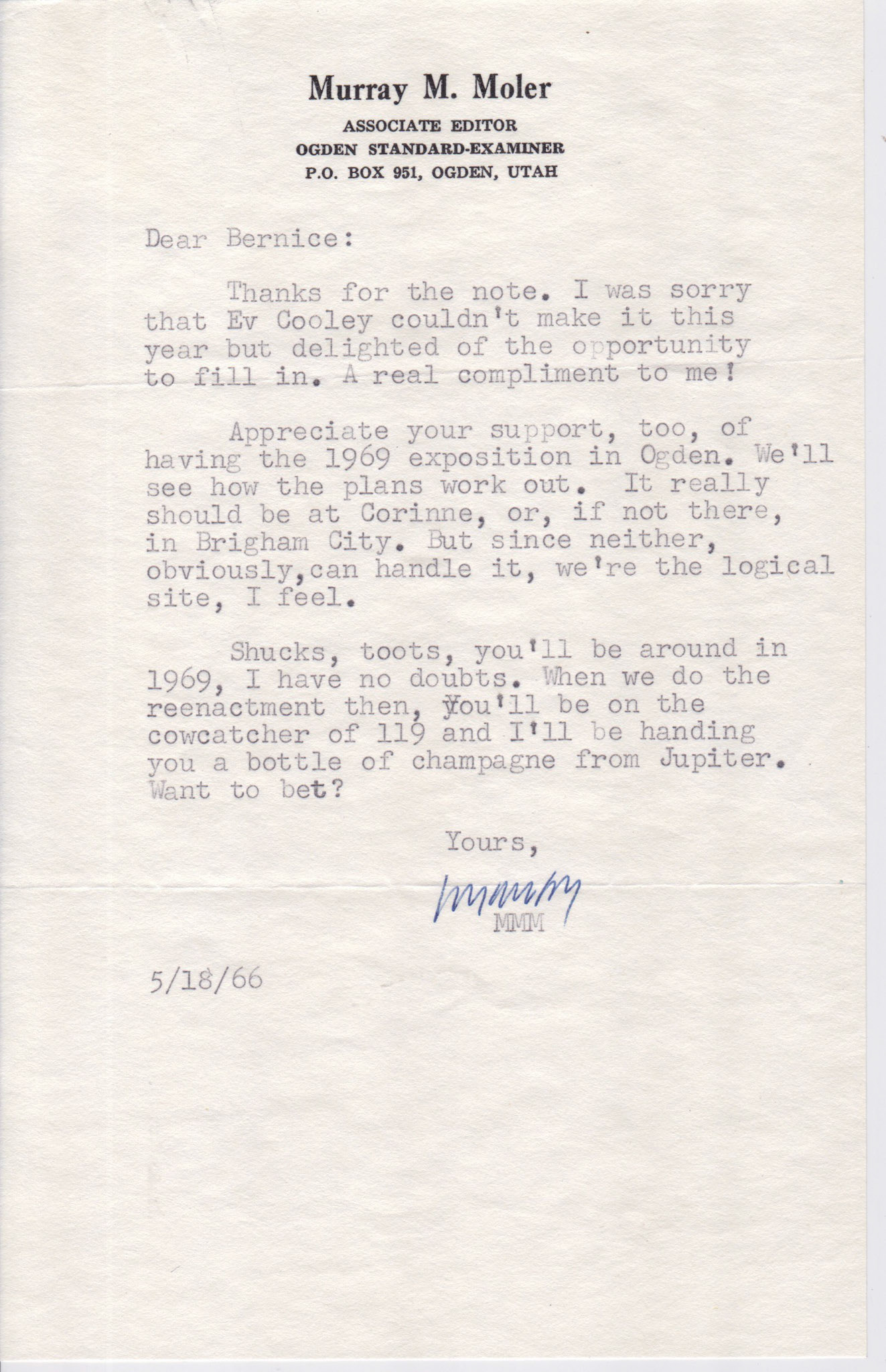 Note from Murray M. Moler, Ogden Standard-Examiner, May 18, 1966. Bernice Gibbs Anderson Collection, NPS