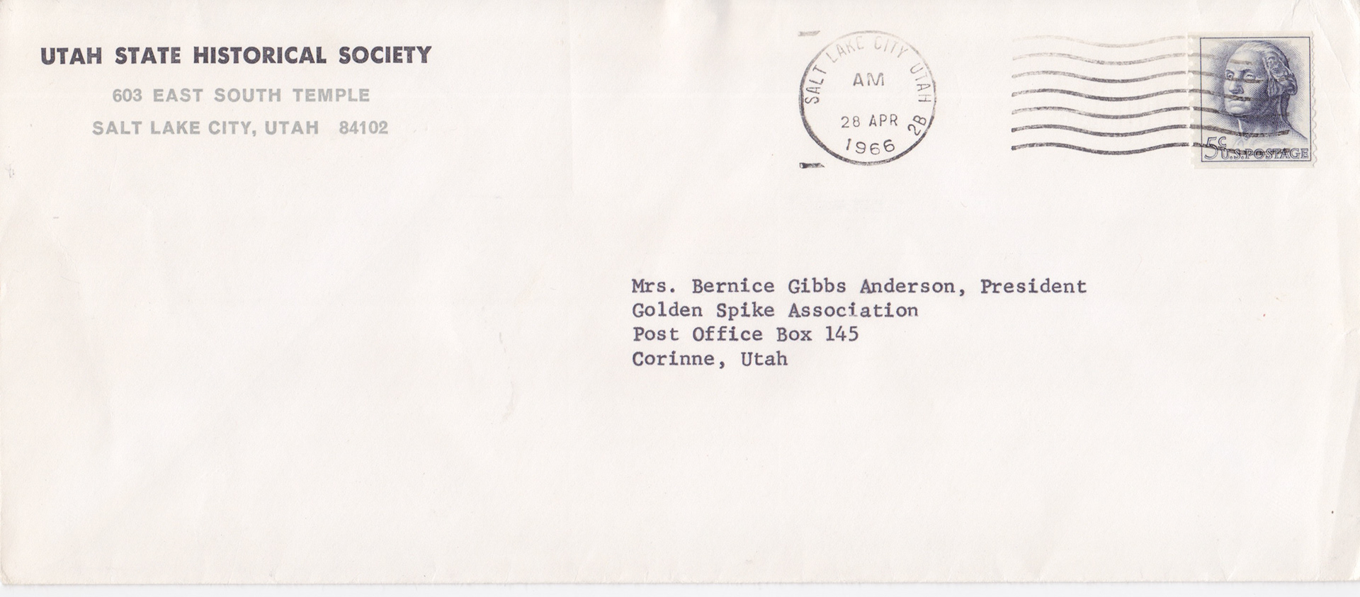 Envelope to Utah State Historical Society, April 28, 1966. Bernice Gibbs Anderson Collection, NPS