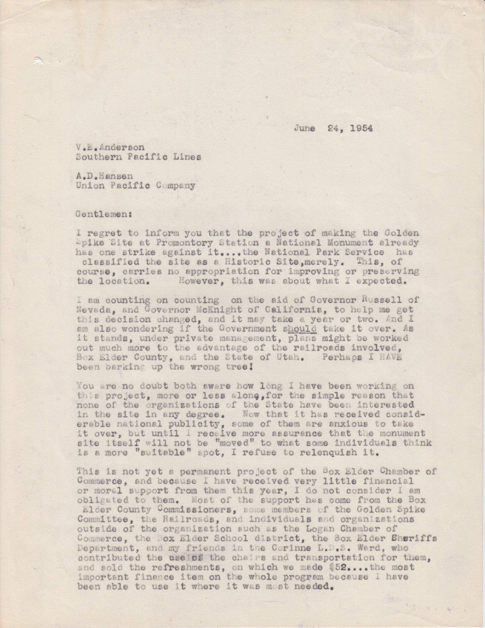 Copy of letter to V.E. Anderson, Southern Pacific, and A.D. Hansen, Union Pacific, page 1, June 24, 1954. Bernice Gibbs Anderson Collection, NPS