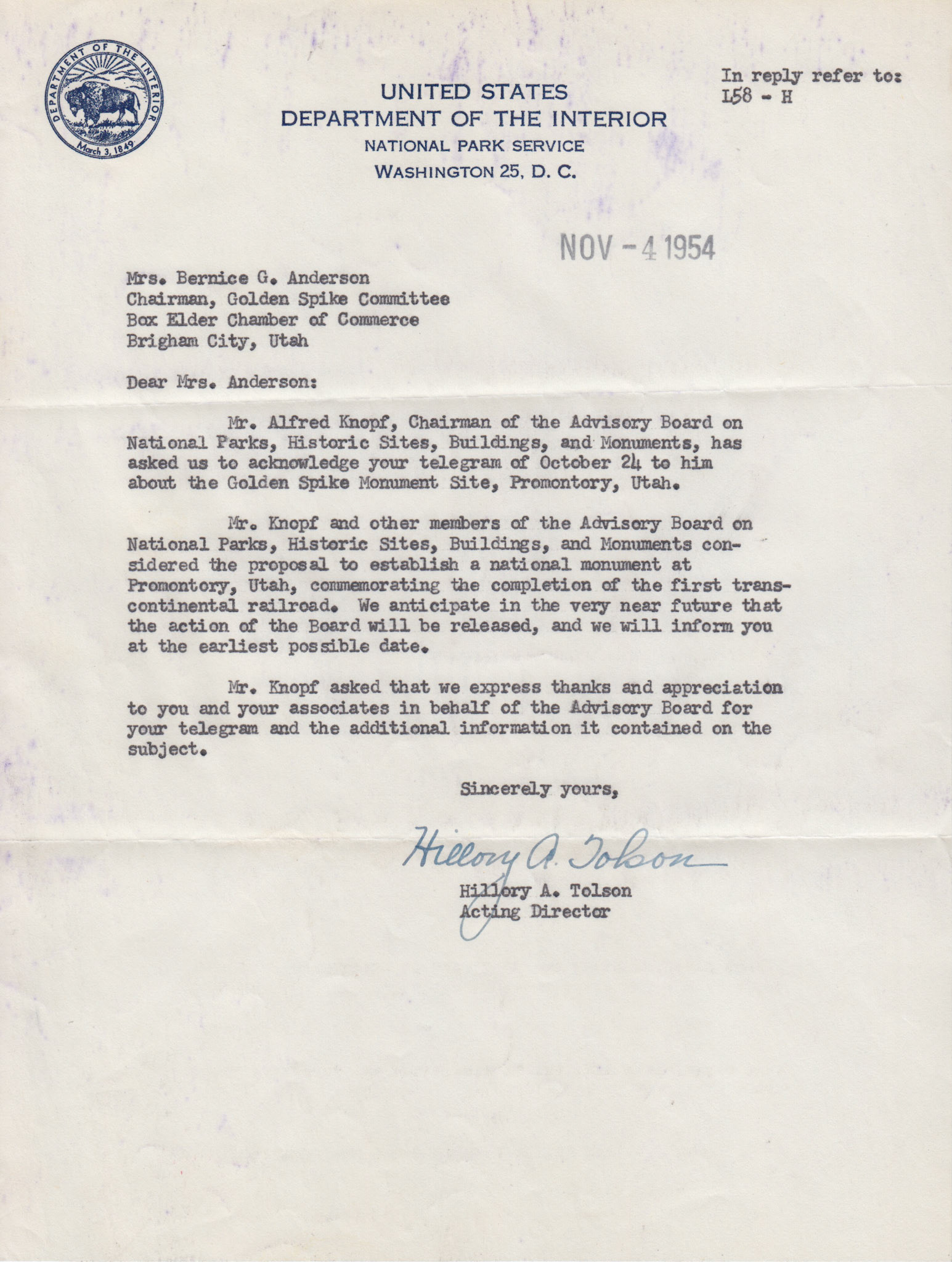 Letter from Hillory A. Tolson, Acting Director Dept. of the Interior, Nov. 4, 1954. Bernice Gibbs Anderson Collection, NPS