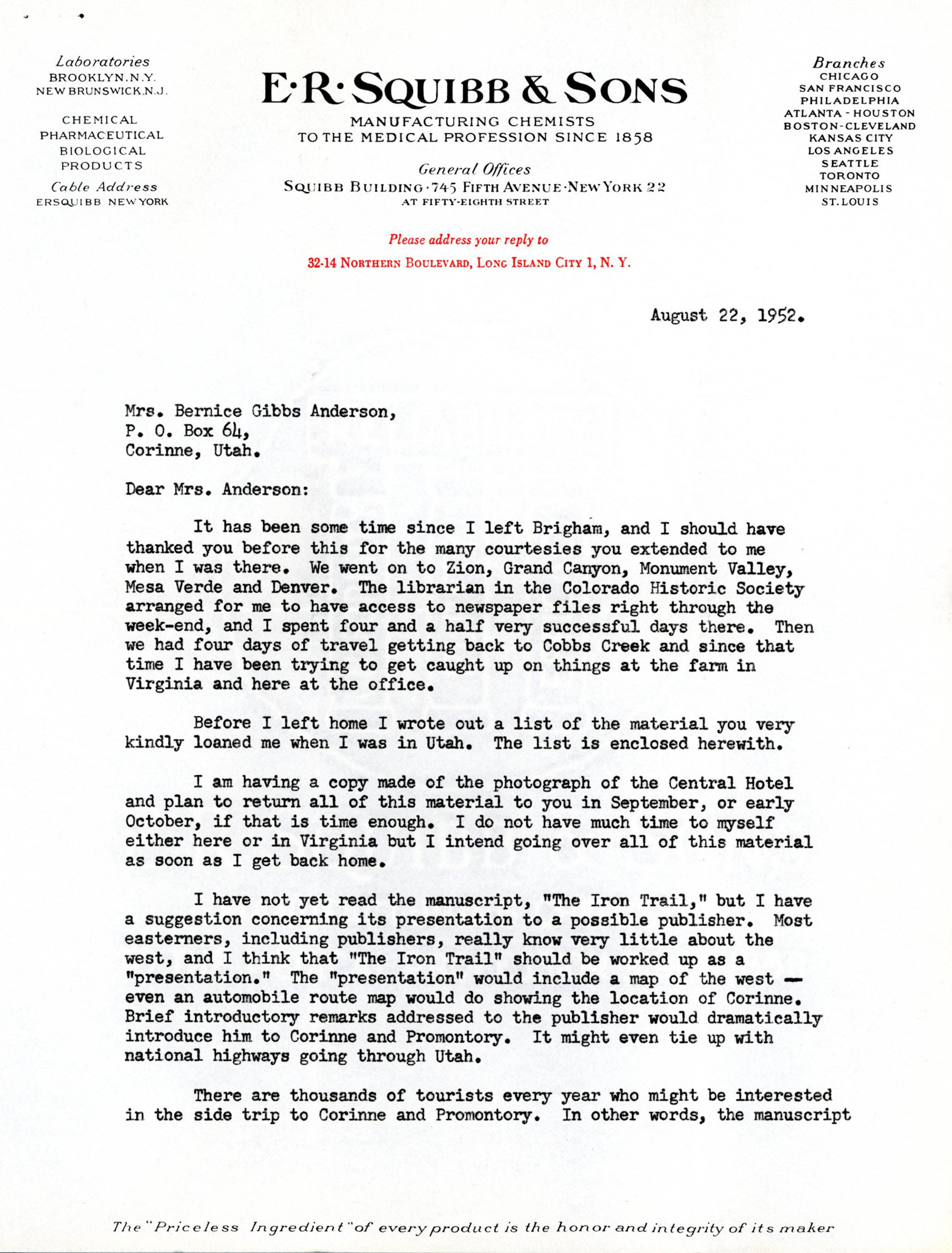 Letter from Clyde Eddy August 22, 1952, page 1. Bernice Gibbs Anderson Collection, NPS