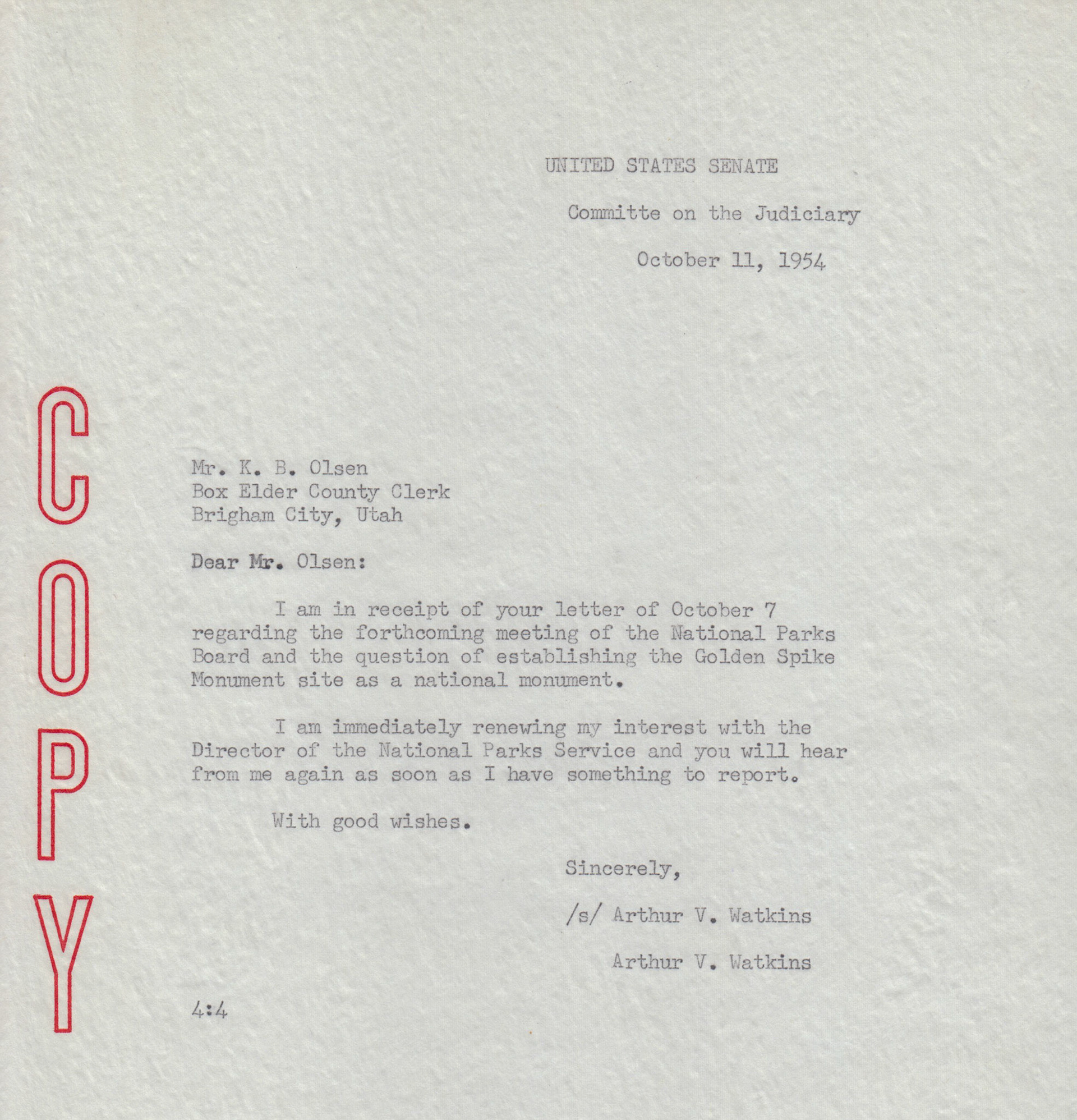 Copy of letter from Senator Arthur V. Watkins to K.B. Olsen, Box Elder County Clerk, Oct. 11, 1954. Bernice Gibbs Anderson, NPS