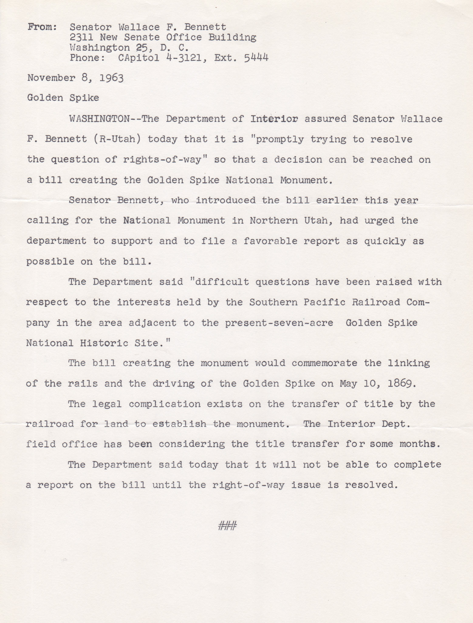 Press release from Senator Wallace F. Bennett, Nov. 8, 1963. Bernice Gibbs Anderson Collection, NPS
