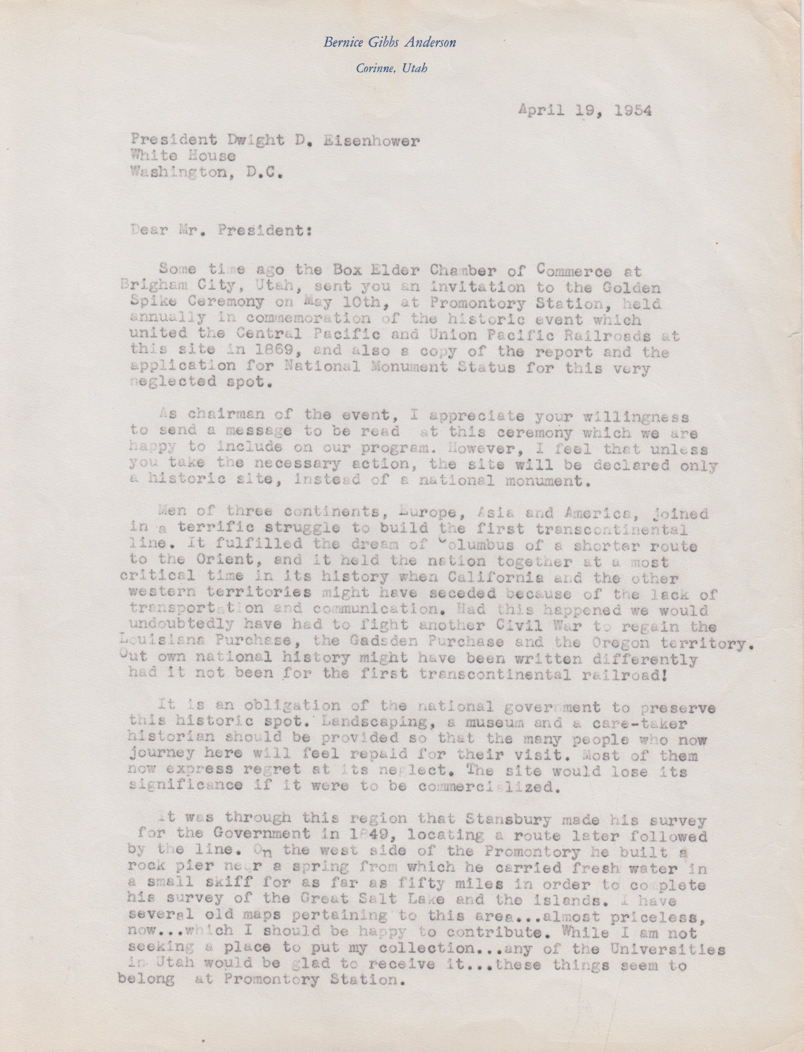 Copy of letter to President Eisenhower, Apr. 19, 1954, page 1. Bernice Gibbs Anderson Collection, NPS