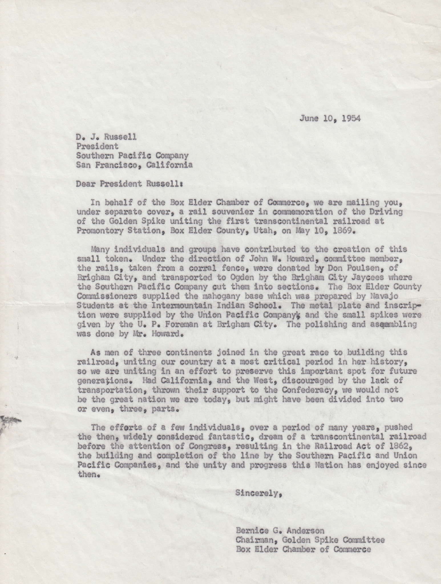Letter to D.J. Russell, President, Southern Pacific, June 10, 1954. Bernice Gibbs Anderson Collection, NPS