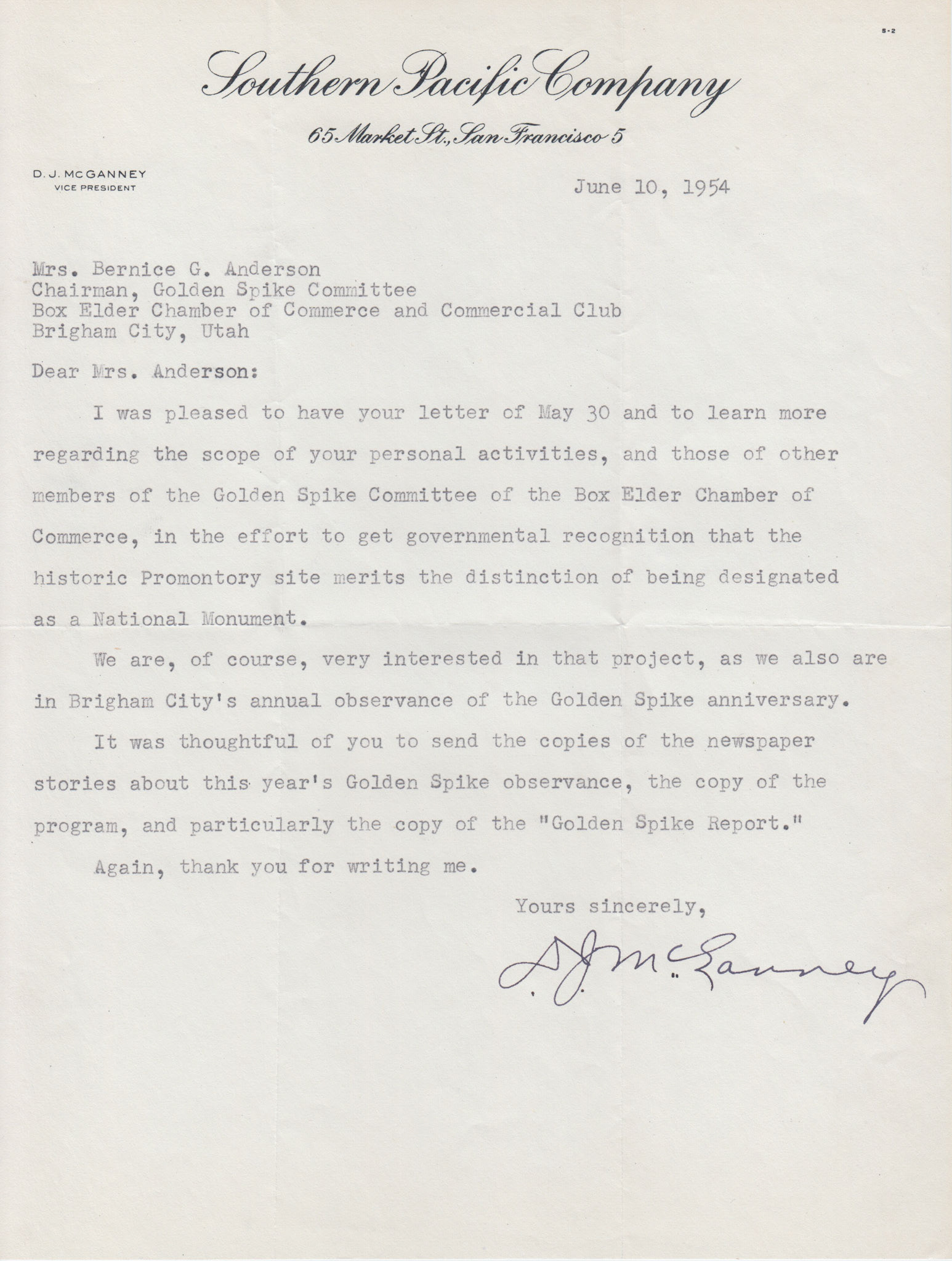Letter from D.J. McGanney, Southern Pacific V.P., June 10, 1954. Bernice Gibbs Anderson Collection, NPS