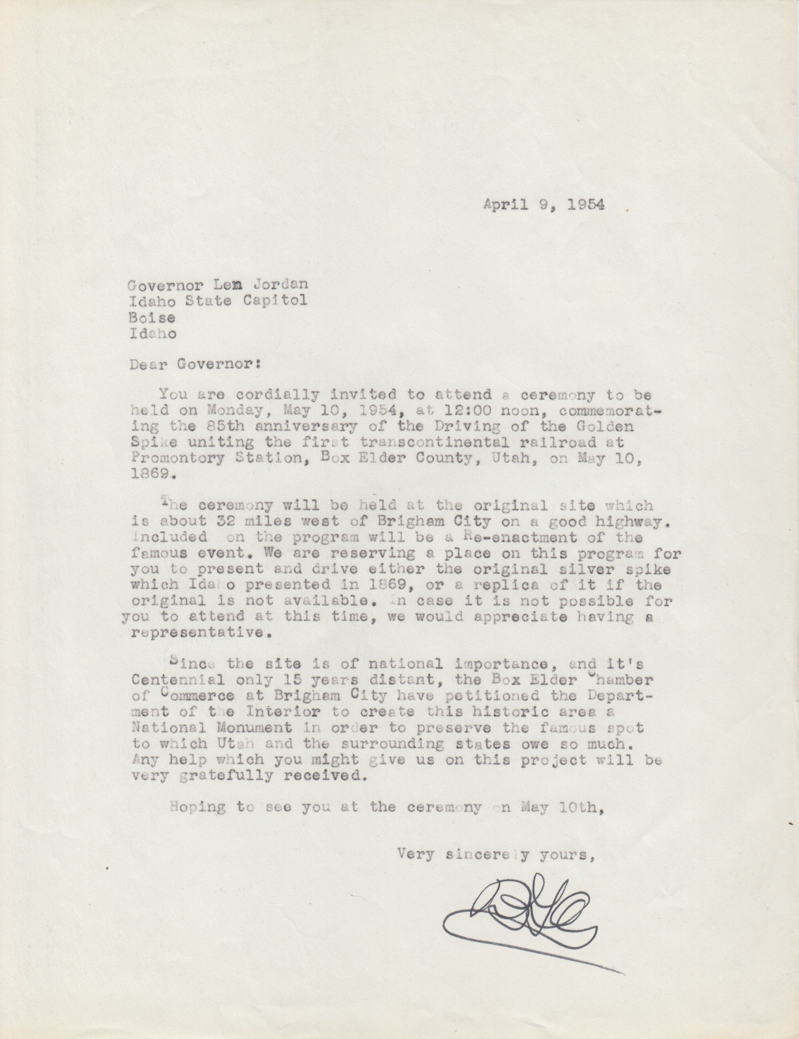 Copy of Invitation to Idaho Governor Len Jordan, Apr. 9, 1954. Bernice Gibbs Anderson Collection, NPS