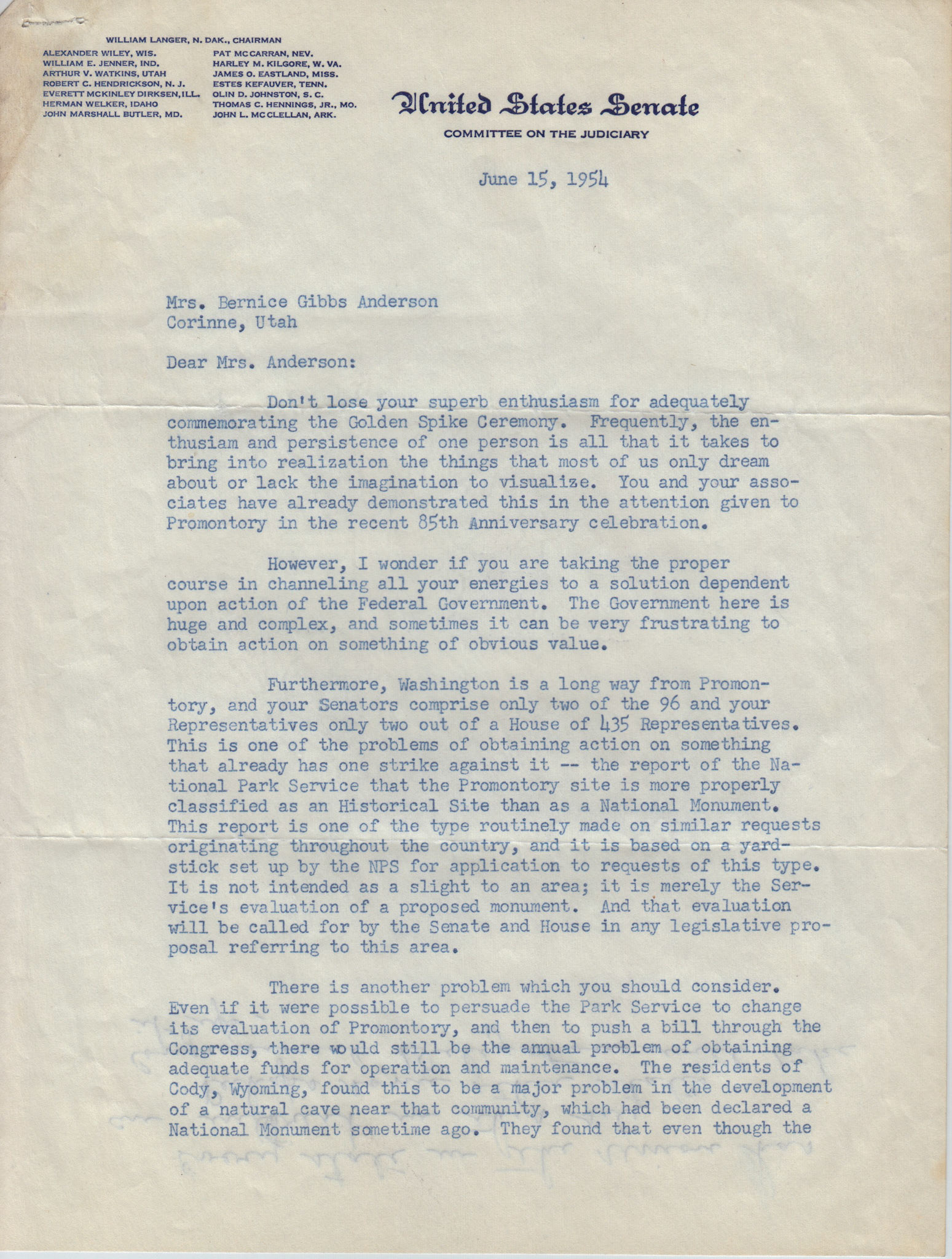 Letter from Arthur V. Watkins, June 15, 1954, page 1. Bernice Gibbs Anderson Collection, NPS