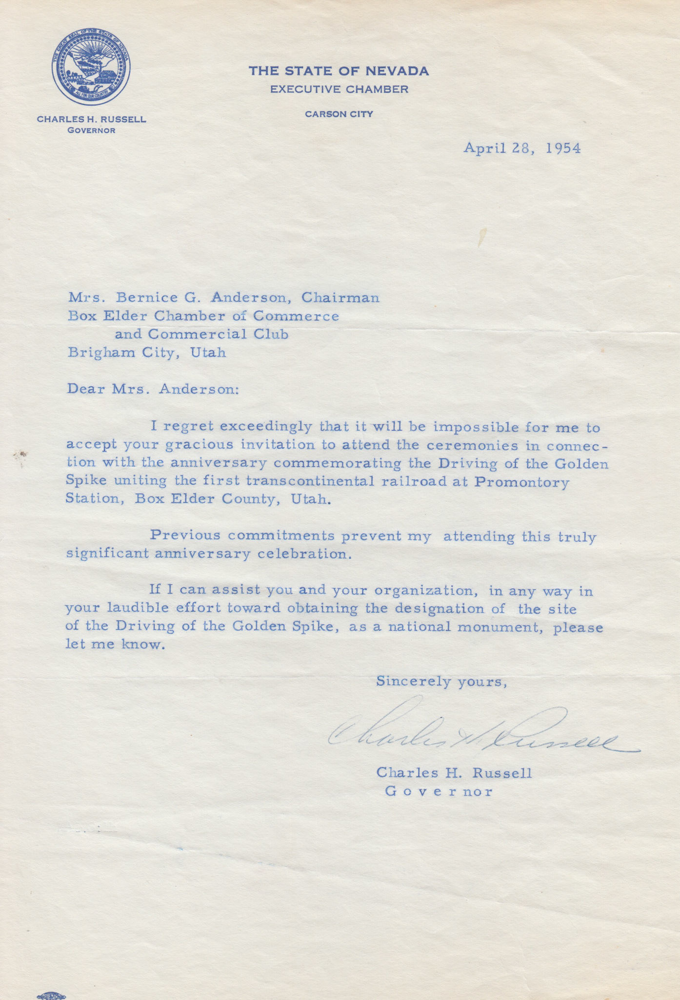 Regrets and support from Nevada Governor Charles H. Russell, April 28, 1954. Bernice Gibbs Anderson Collection, NPS