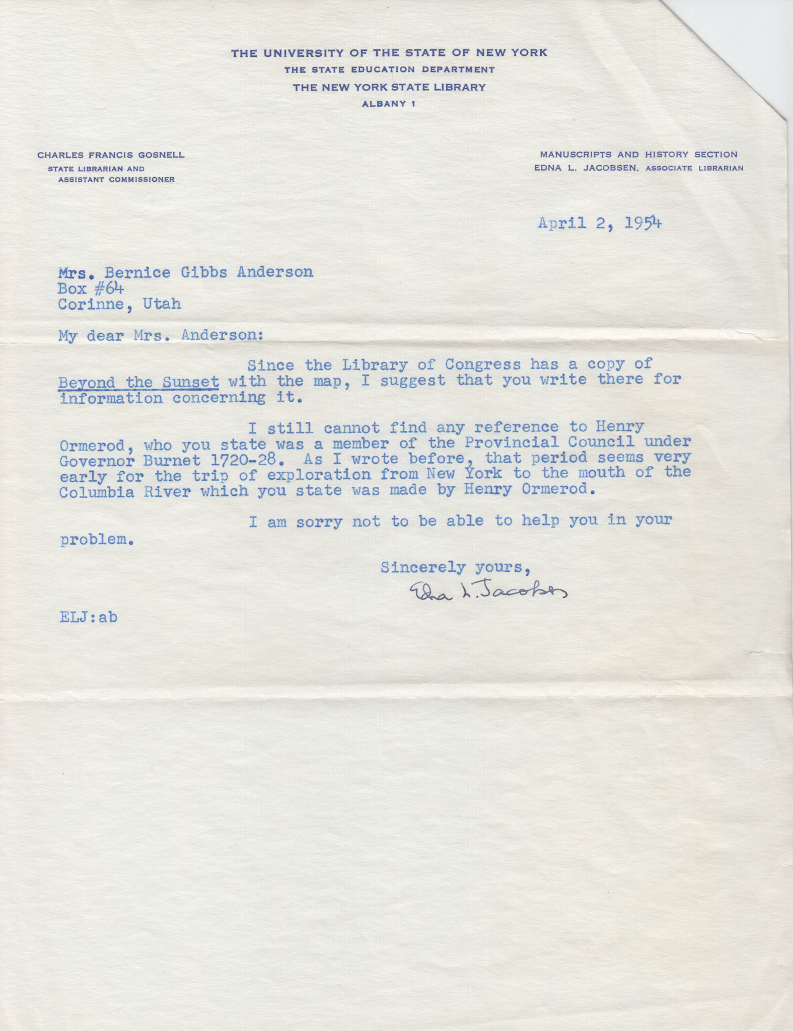 Letter from Edna L. Jacobsen, New York State Library, Apr. 2, 1954. Bernice Gibbs Anderson Collection, NPS