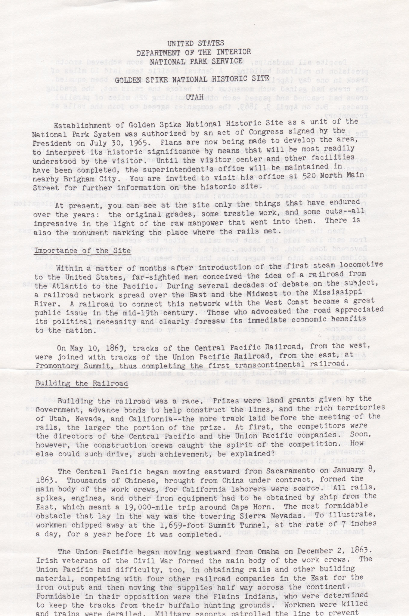 US Dept. of the Interior, NPS, top of page 1, Golden Spike report, post July 30, 1965. Bernice Gibbs Anderson Collection, NPS