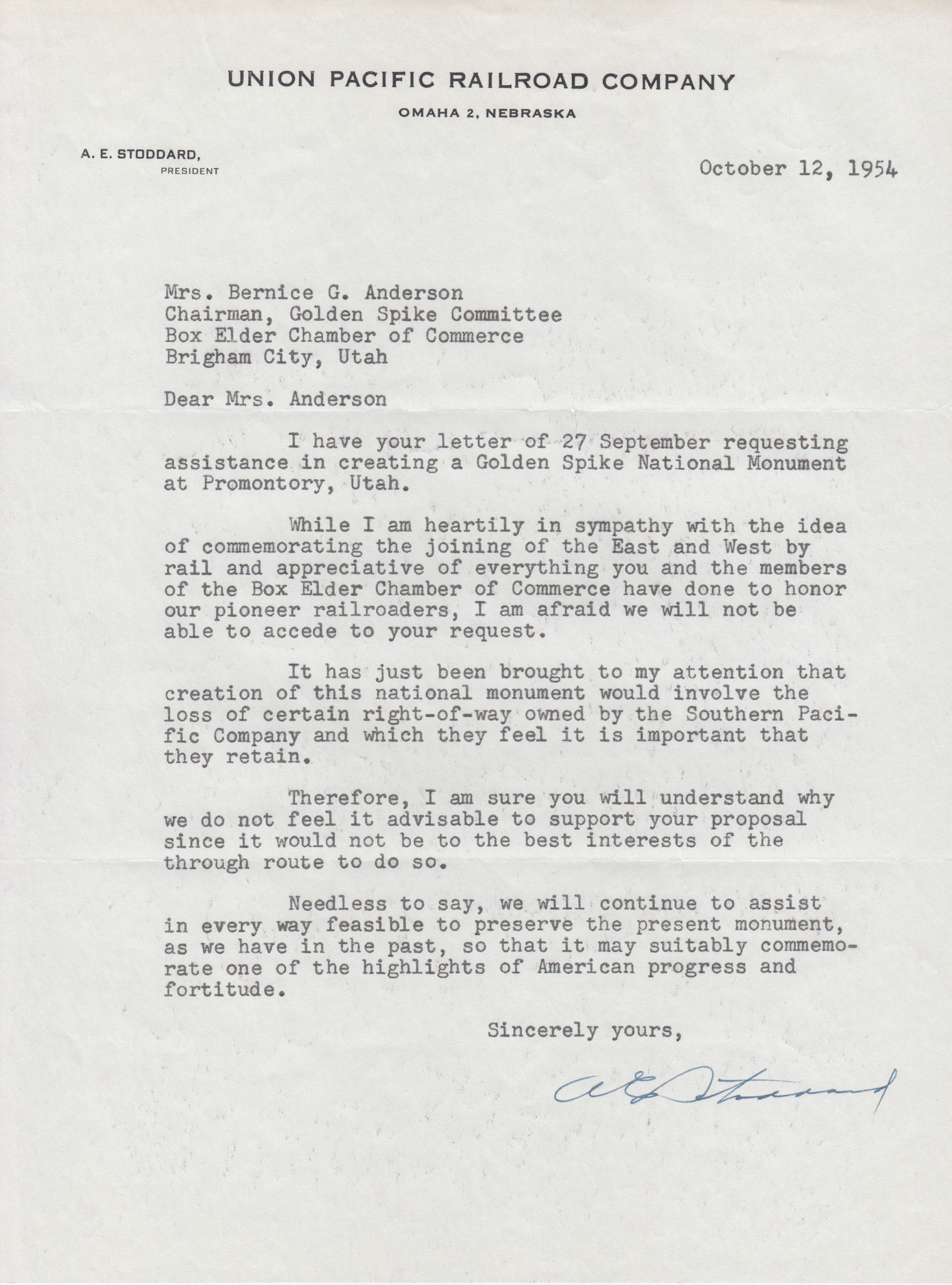 Letter from A.E. Stoddard, Pres. Union Pacific, Oct. 12, 1954, re: right-of-way. Bernice Gibbs Anderson Collection, NPS