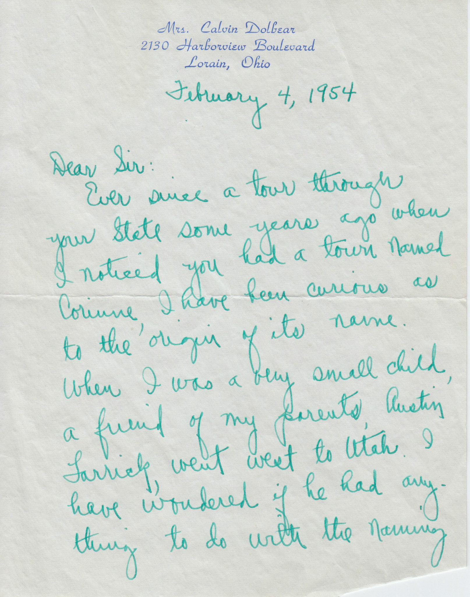 Letter from Corinne Dolbear, 1954, page 1. Bernice Gibbs Anderson Collection, NPS