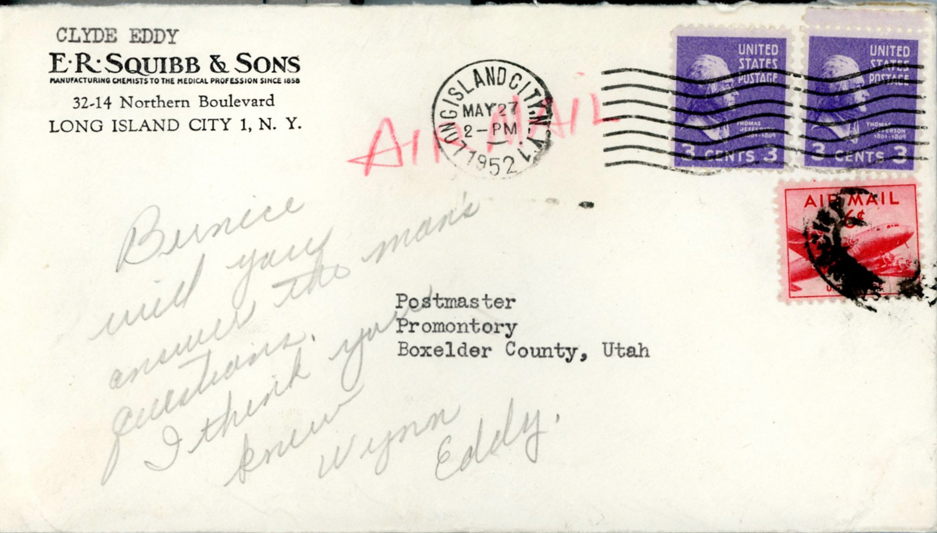 Envelope from Clyde Eddy, May 27, 1952. Bernice Gibbs Anderson Collection, NPS