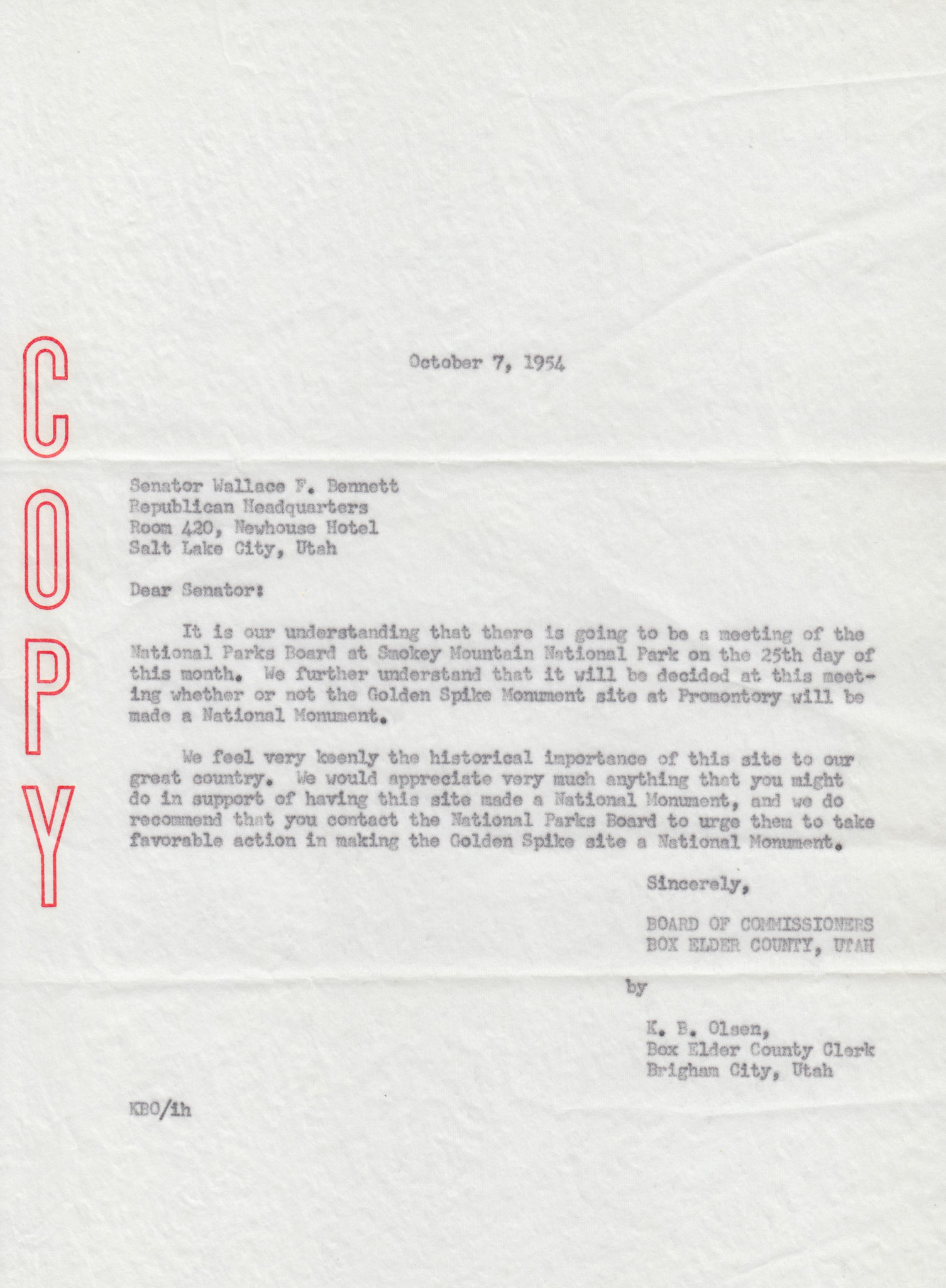 Copy of letter to Senator Wallace F. Bennett, Oct. 7, 1954. Bernice Gibbs Anderson Collection, NPS