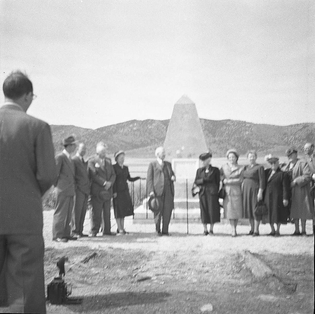 Turning over monument to Utah Trails and Landmarks, May 7, 1951, from Southern Pacific RR. Photo by Ogden Standard-Examiner. Bernice Gibbs Anderson Collection, NPS