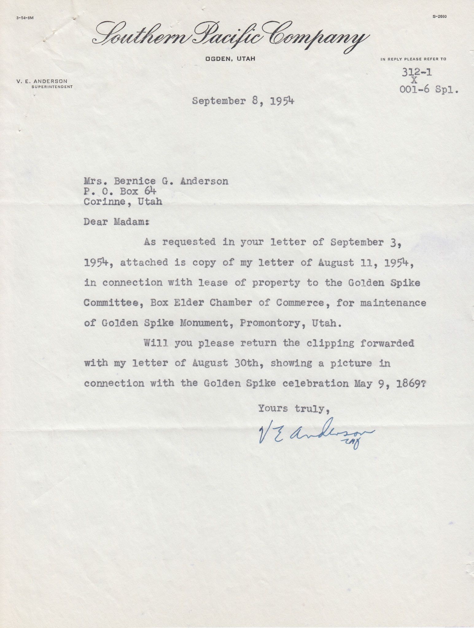 Letter from V.E. Anderson, Supt. Southern Pacific, Ogden, Sep. 8, 1954. Bernice Gibbs Anderson Collection, NPS