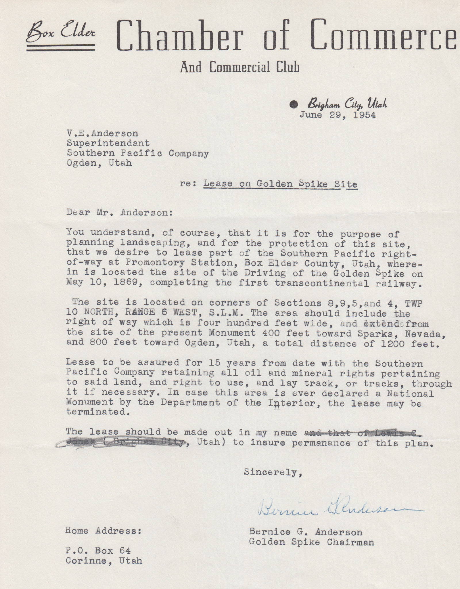 Copy of letter to V.E. Anderson, Supt. Southern Pacific, Ogden, June 29, 1954. Bernice Gibbs Anderson Collection, NPS