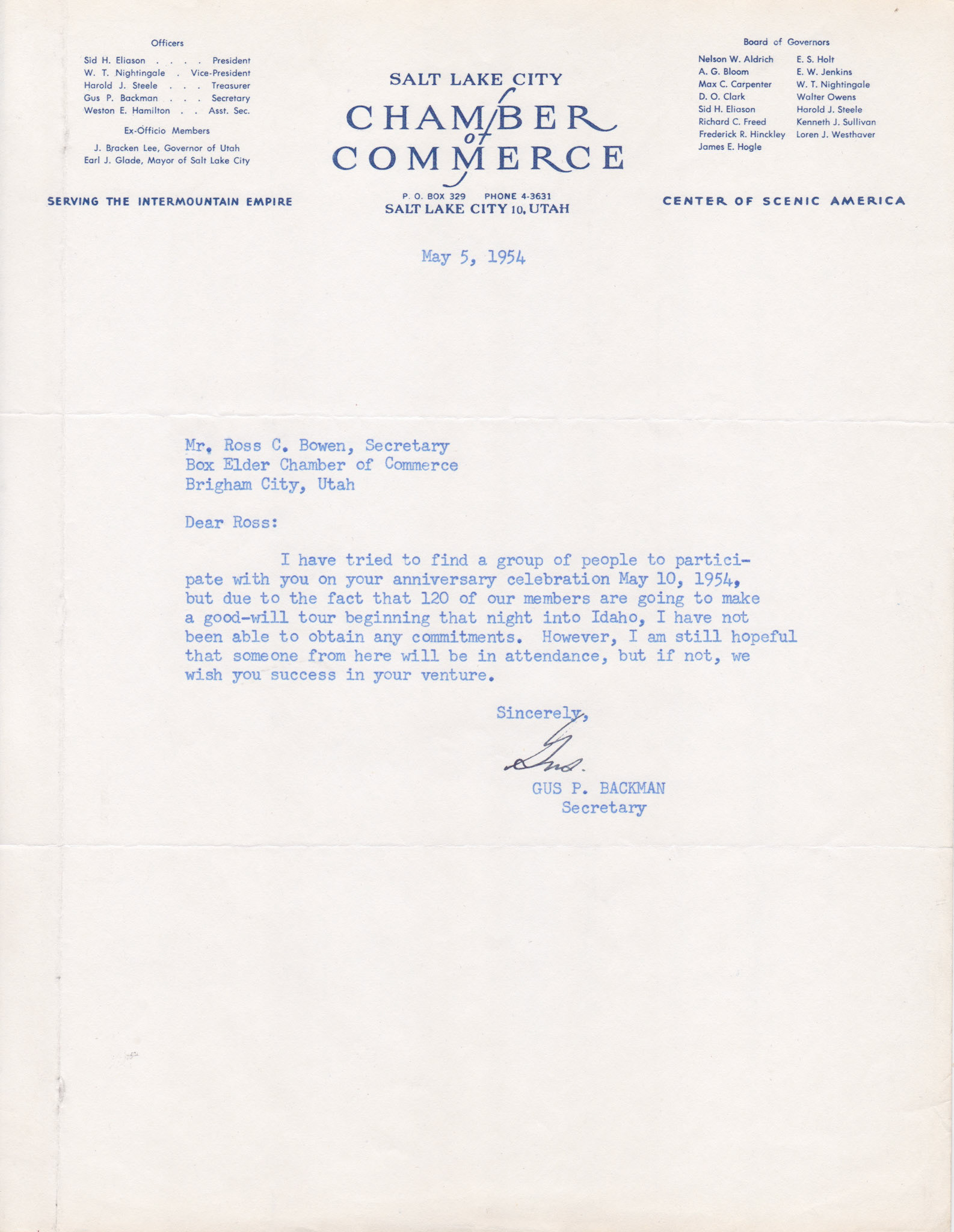 Regrets from Gus P. Backman, Salt Lake Chamber of Commerce Secretary, May 5, 1954. Bernice Gibbs Anderson Collection, NPS