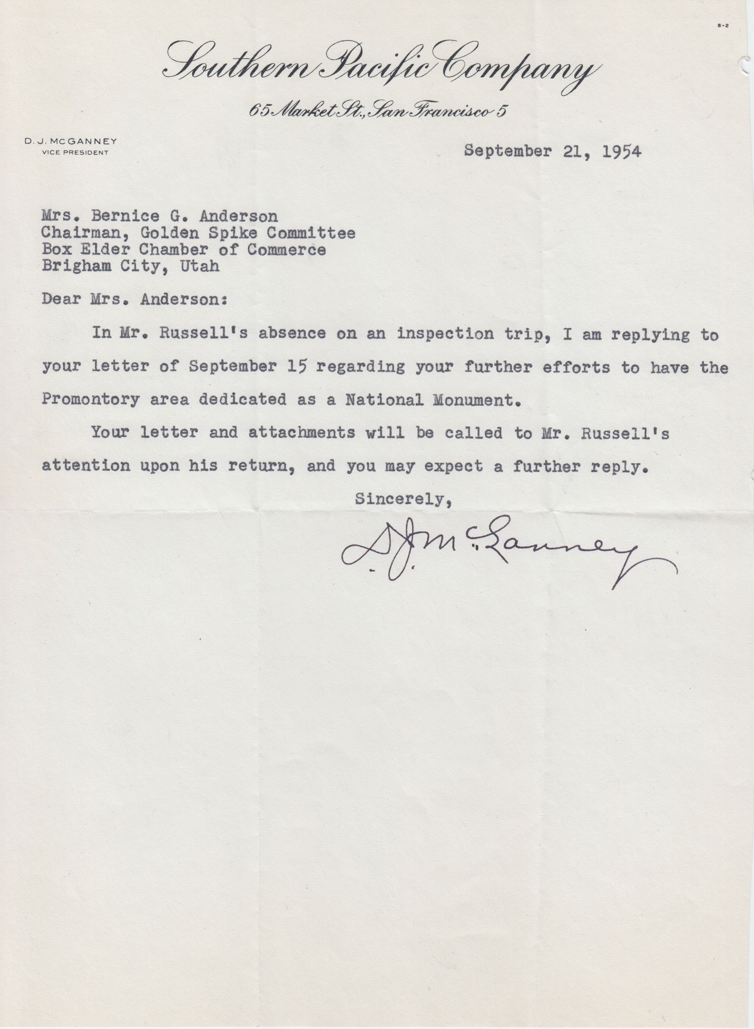 Letter from D.J. McGanney, V.P. Southern Pacific, Sep. 21, 1954. Bernice Gibbs Anderson Collection, NPS
