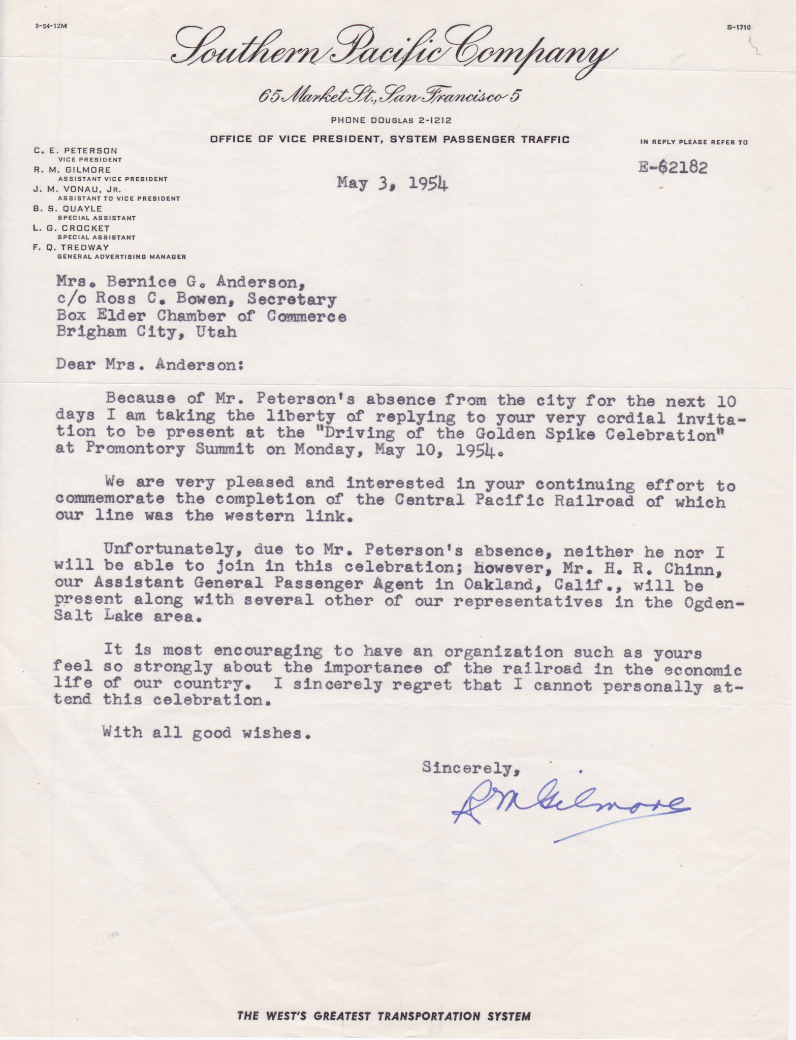 Regrets from Southern Pacific Asst. V.P. R.M. Gilmore, May 3, 1954. Bernice Gibbs Anderson Collection, NPS