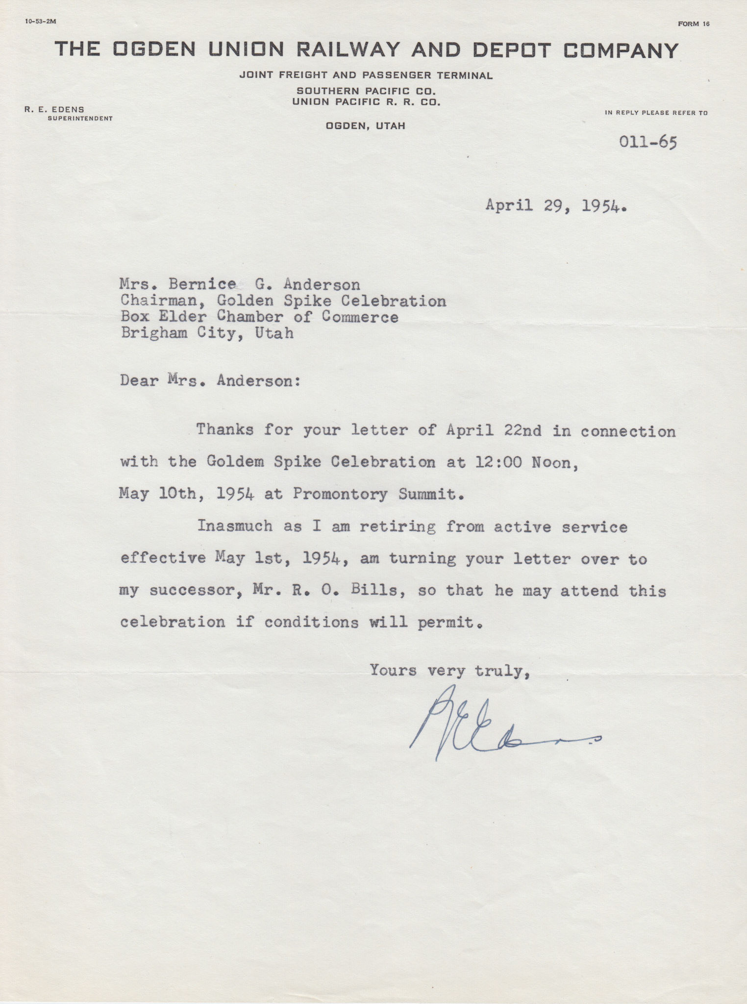 Letter from R.E. Edens, Odgen Union Railway and Depot Co. Supt., Apr. 29, 1954. Bernice Gibbs Anderson Collection, NPS