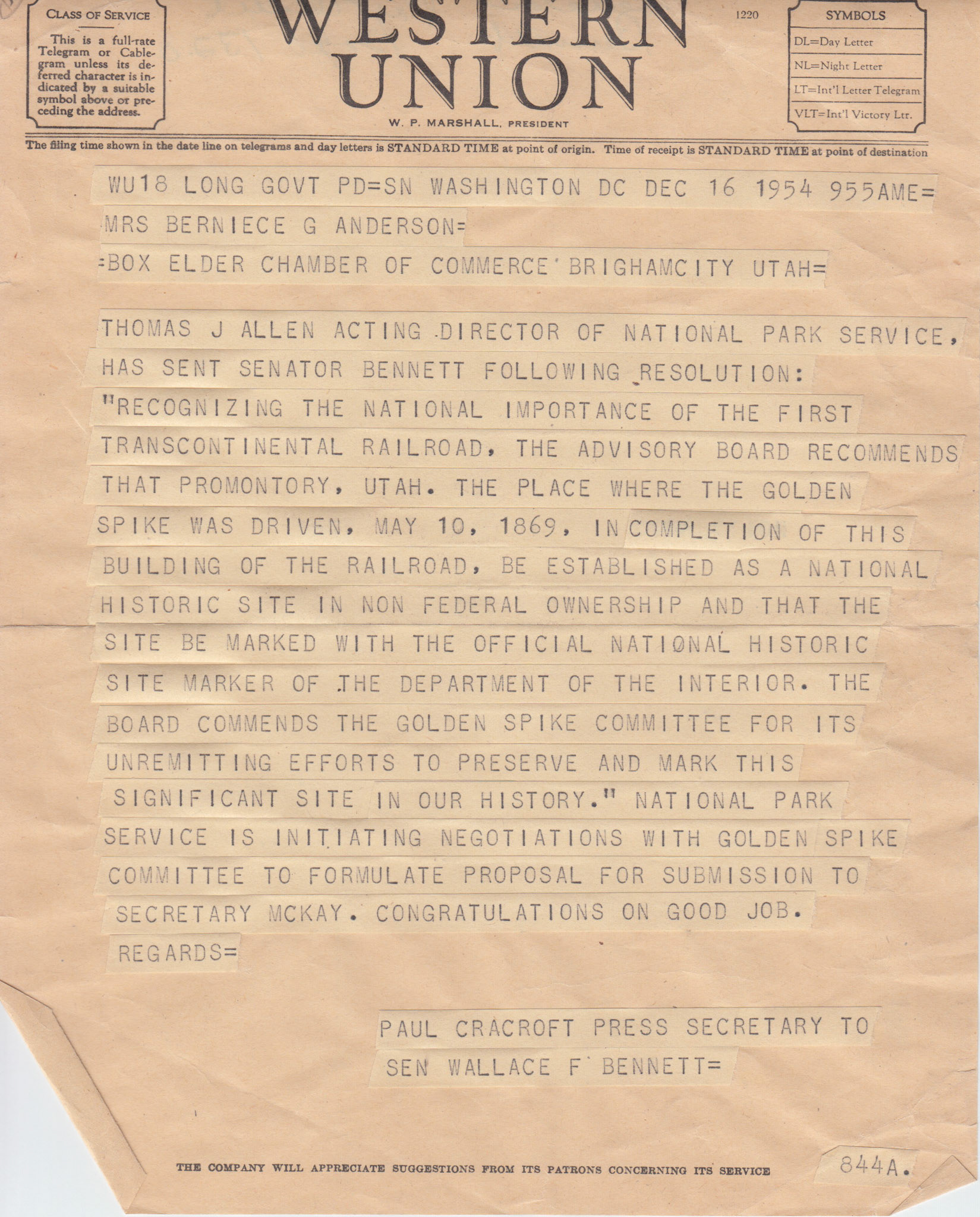 Telegram from Sen. Wallace F. Bennett's press secretary re: non-federal ownership, Dec.16, 1954. Bernice Gibbs Anderson Collection, NPS
