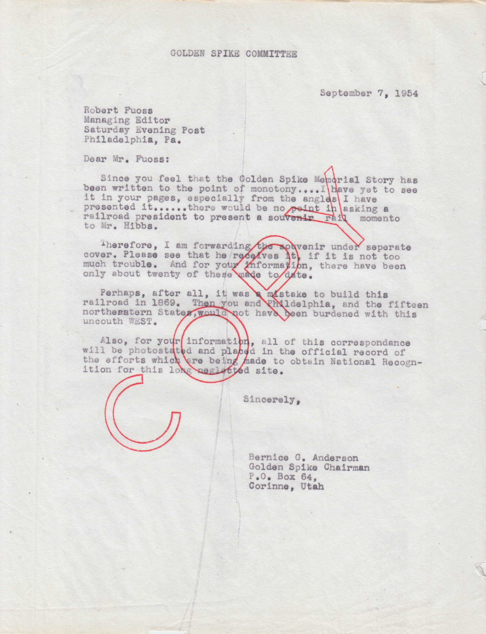 Copy of letter to Robert Fuoss, Managing Editor, Saturday Evening Post, Sep. 7, 1954. Bernice Gibbs Anderson Collection, NPS