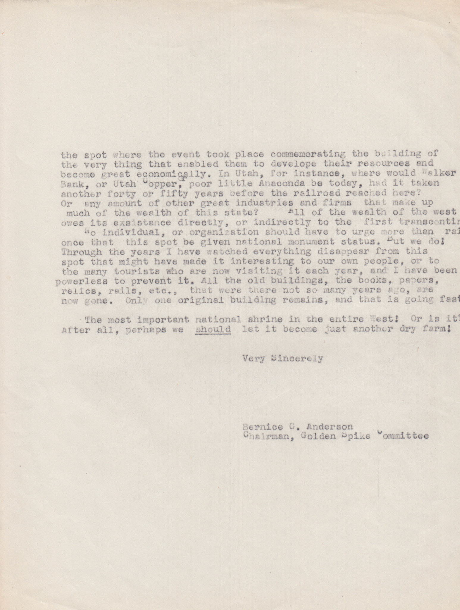 Letter to Senator Arthur V. Watkins, June 11, 1954, page 2. Bernice Gibbs Anderson Collection, NPS