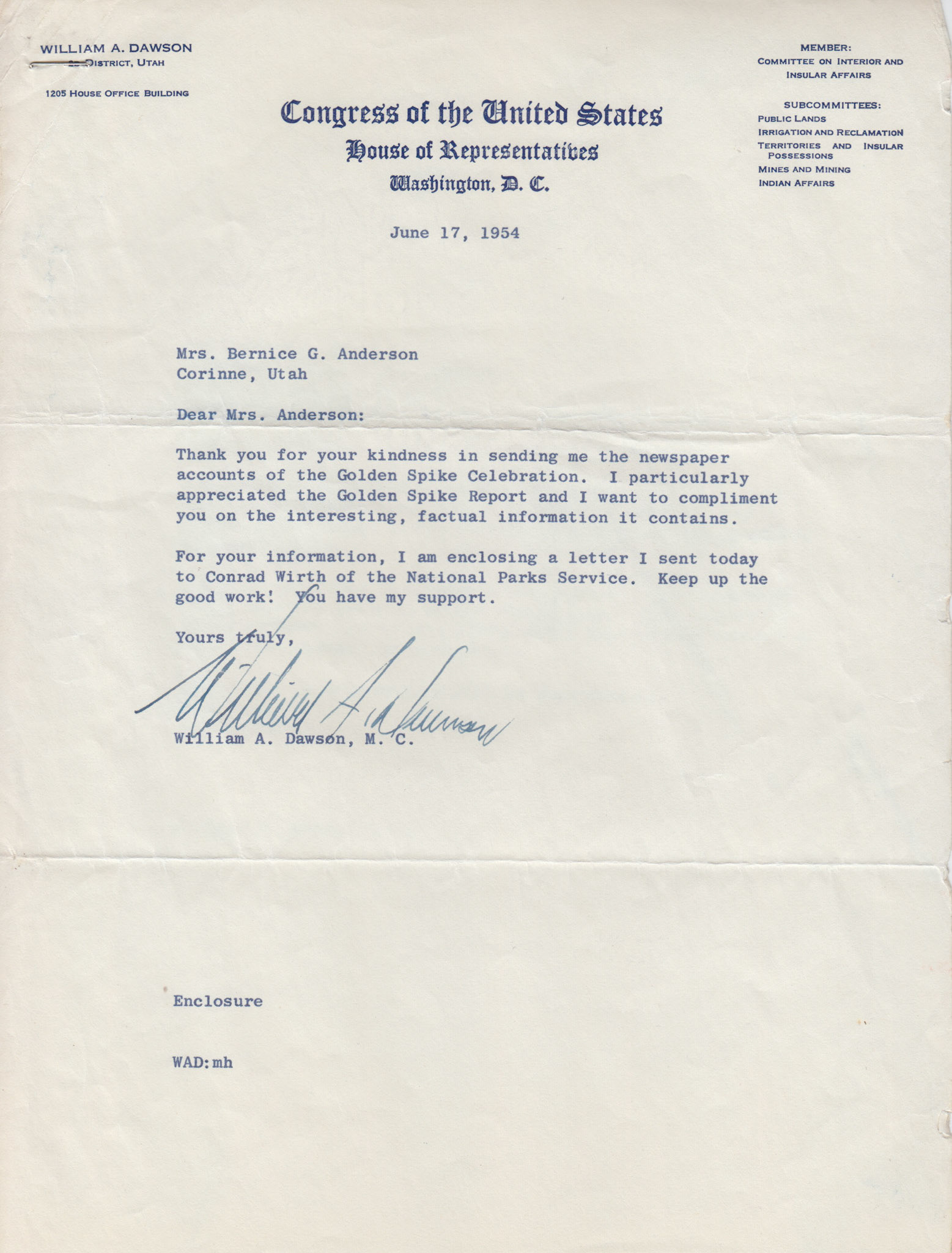 Letter from Rep. William A. Dawson, June 17, 1954. Bernice Gibbs Anderson Collection, NPS