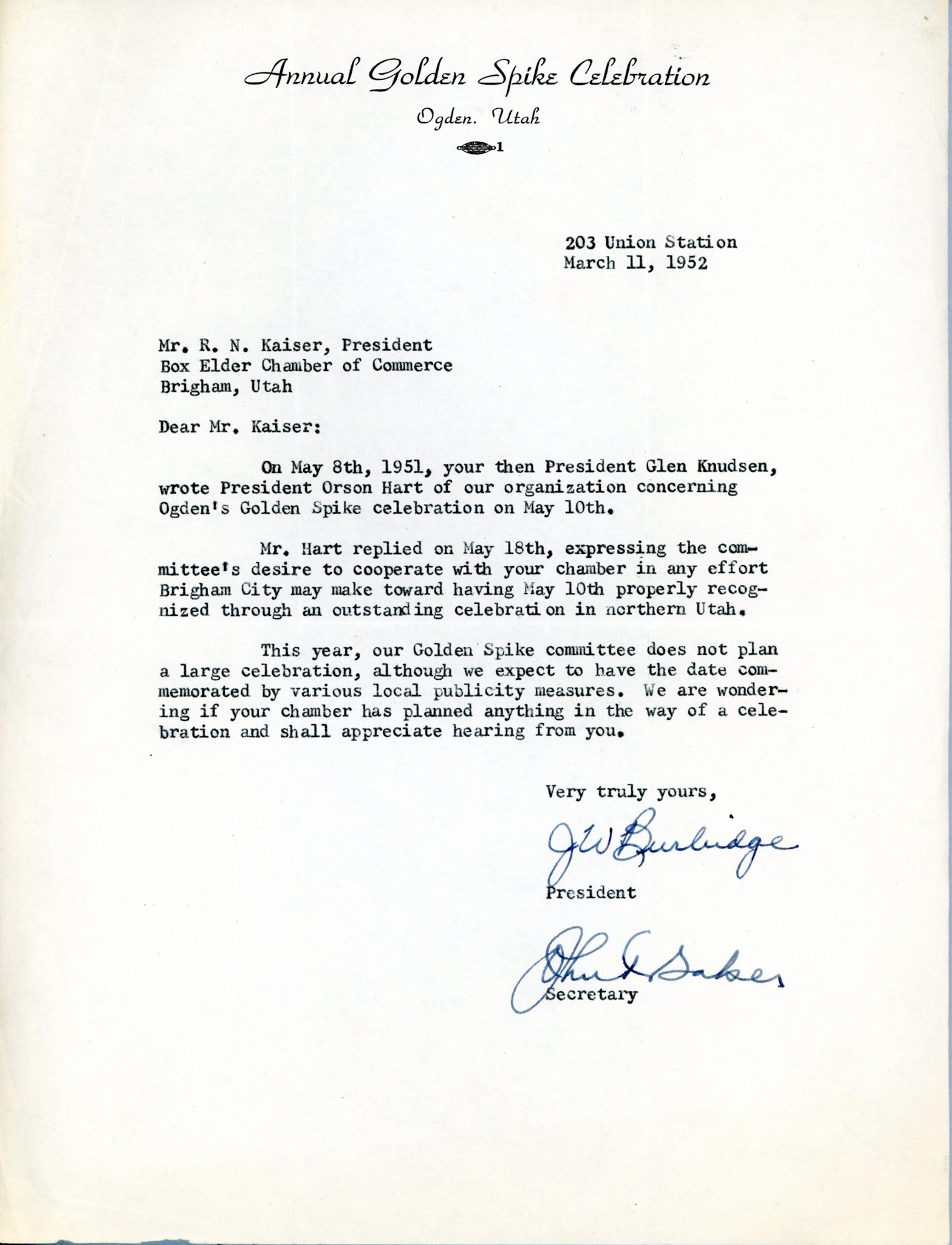 Ogden Golden Spike Celebration Committee letter, 1952. Bernice Gibbs Anderson Collection. NPS