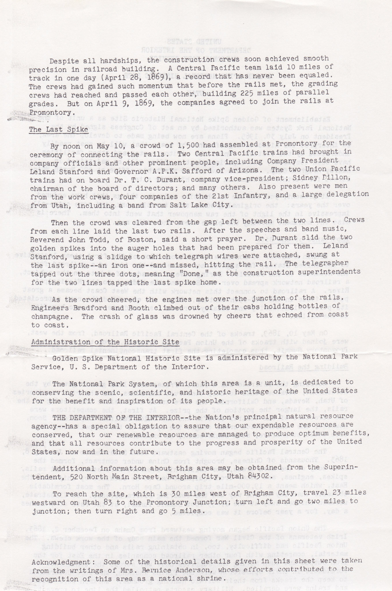 US Dept. of the Interior, NPS, bottom of page 2, Golden Spike report, post July 30, 1965. Bernice Gibbs Anderson Collection, NPS