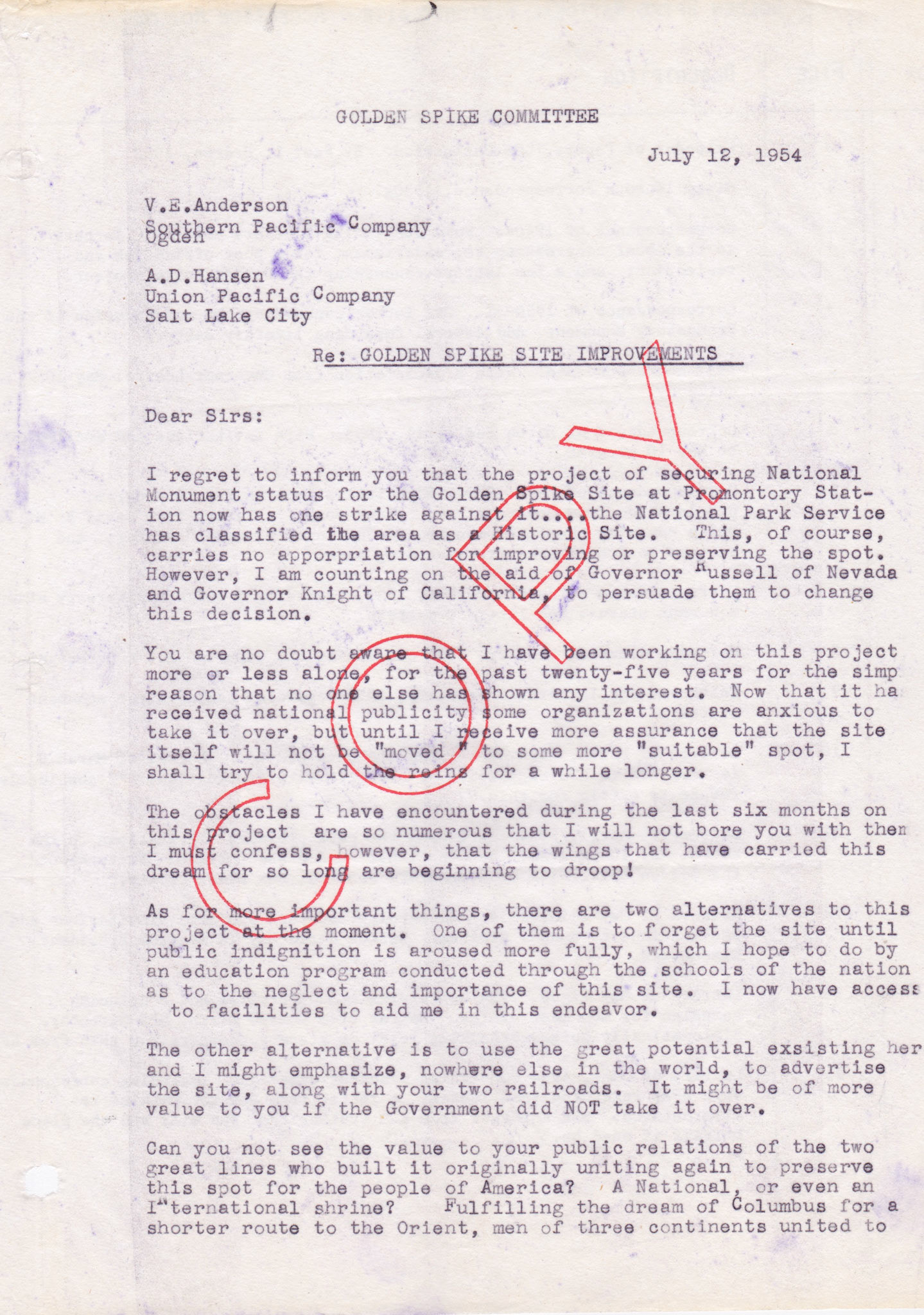 Copy of letter to Southern Pacific and Union Pacific, July 12, 1954, page 1. Bernice Gibbs Anderson Collection, NPS