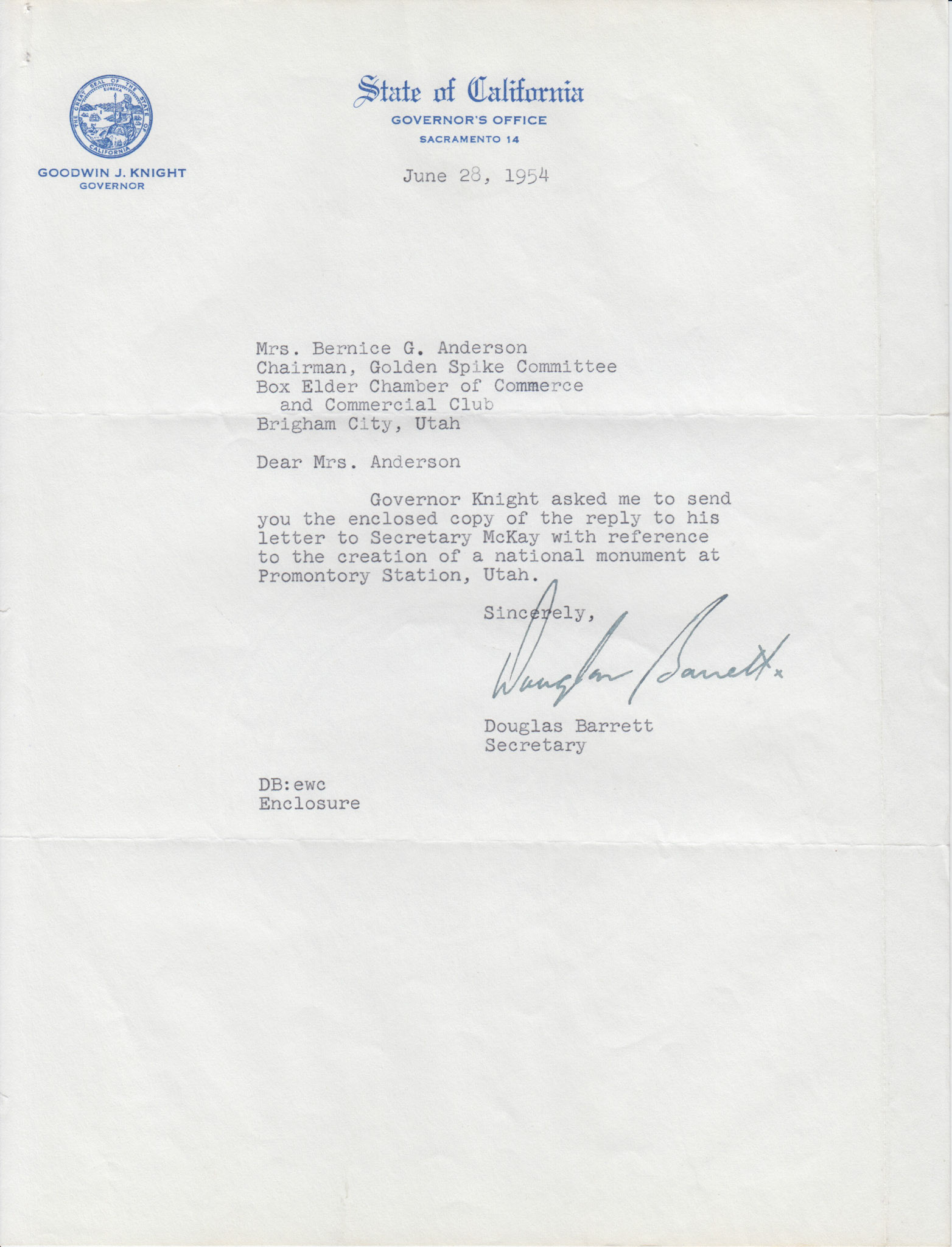 Letter from California Governor Goodwin J. Knight's secretary, June 28, 1954. Bernice Gibbs Anderson, NPS