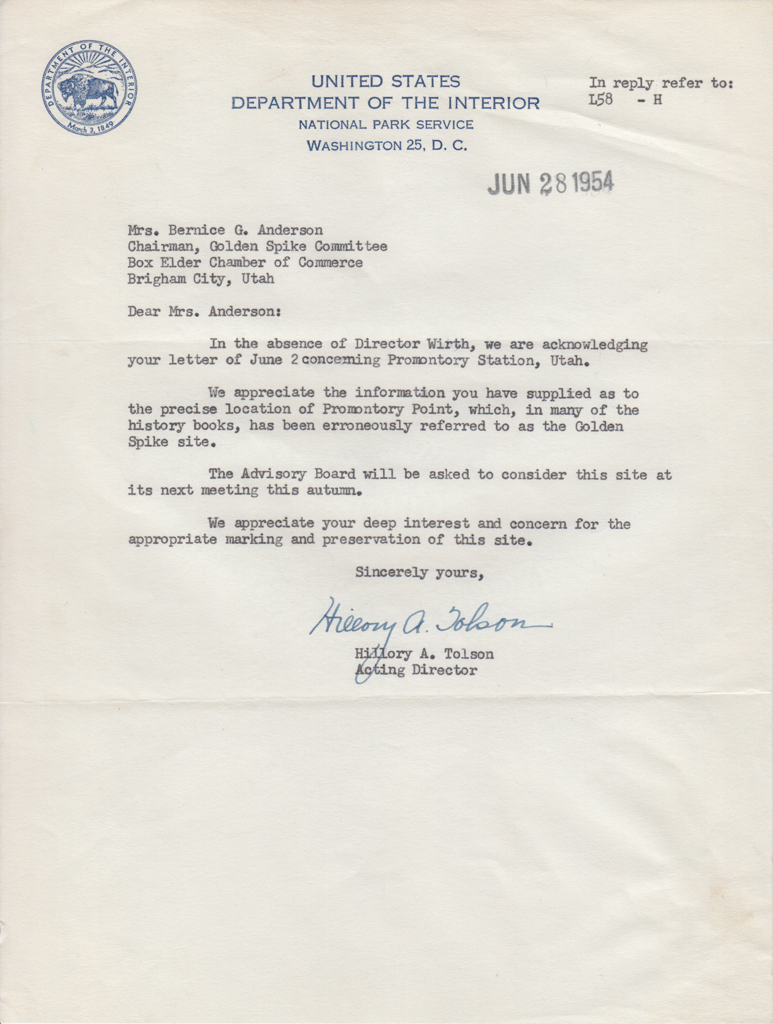 Letter from Hillory A. Tolson, National Park Service Acting Director, Jun. 28, 1954. Bernice Gibbs Anderson, NPS
