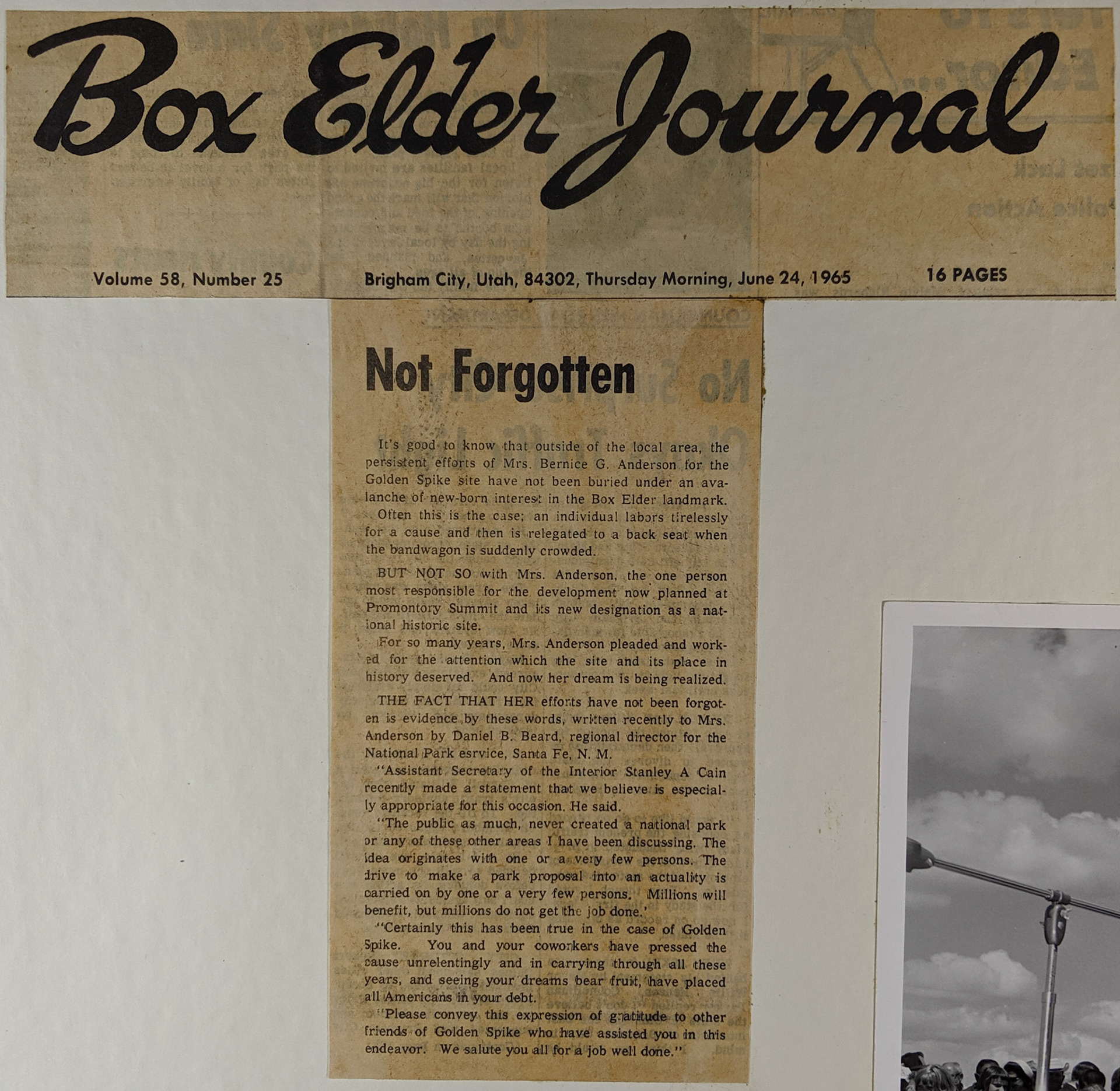 Editorial & Asst. Sec. of the Int. Stanley A. Cain tribute, June 24, 1965. Bernice Gibbs Anderson Collection, NPS