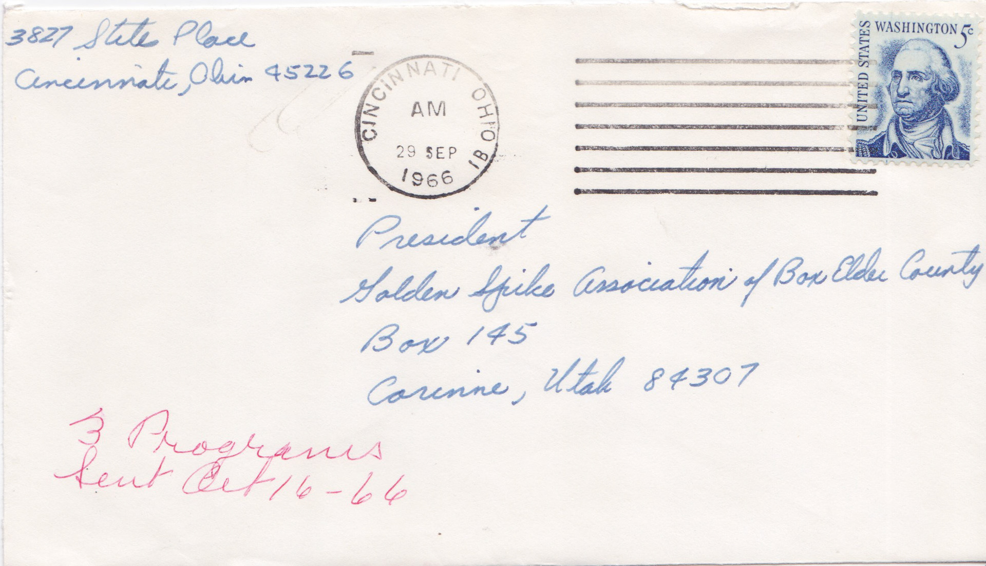 Envelope from Charles L. McMullen, Cincinatti, Ohio, Sep. 29, 1966. Bernice Gibbs Anderson Collection, NPS