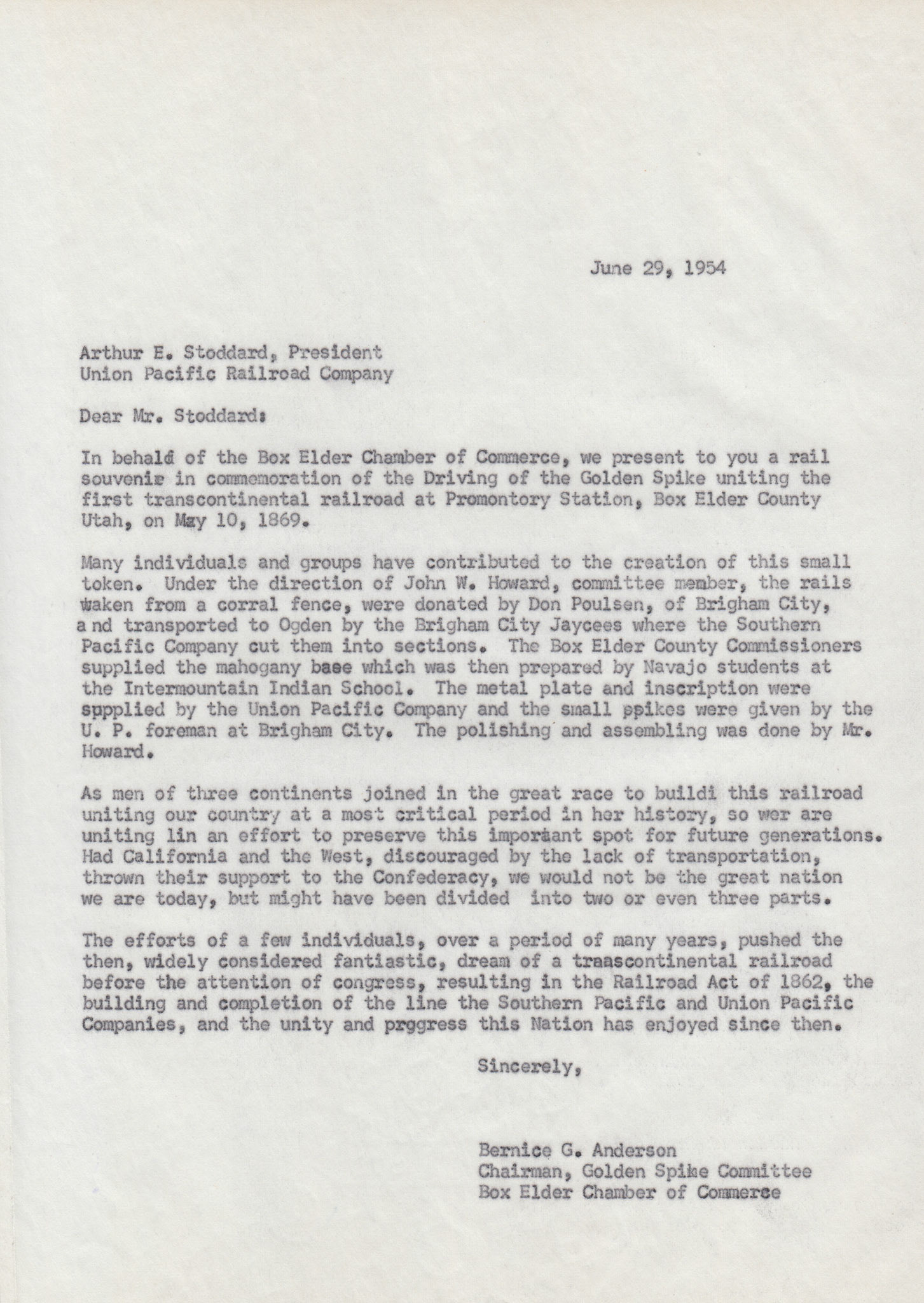 Copy of letter to Arthur E. Stoddard, Pres. Union Pacific, June 29, 1954. Bernice Gibbs Anderson Collection, NPS