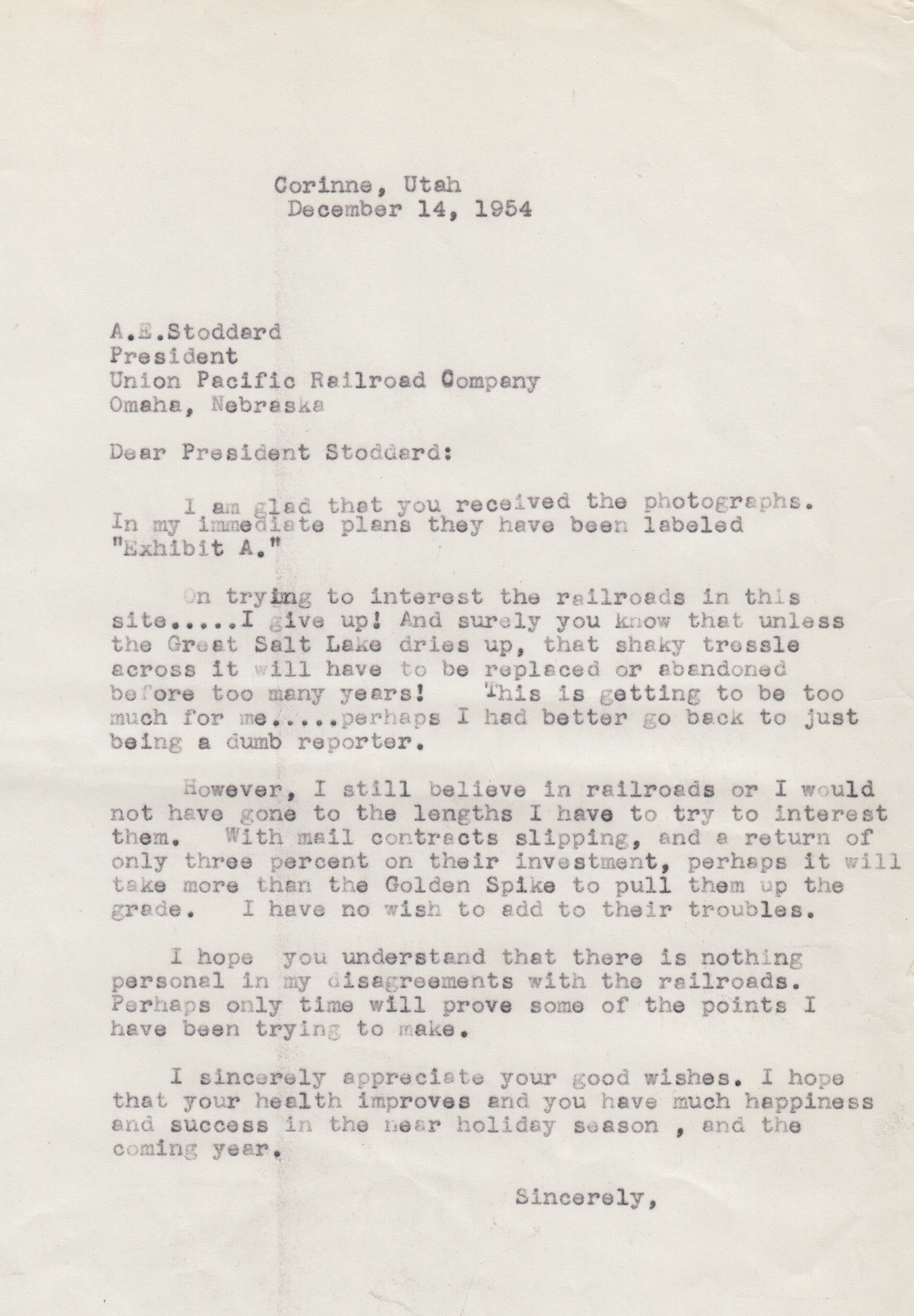 Copy of letter to A.E. Stoddard, Pres. Union Pacific, Dec. 14, 1954, "...I give up!" Bernice Gibbs Anderson Collection, NPS