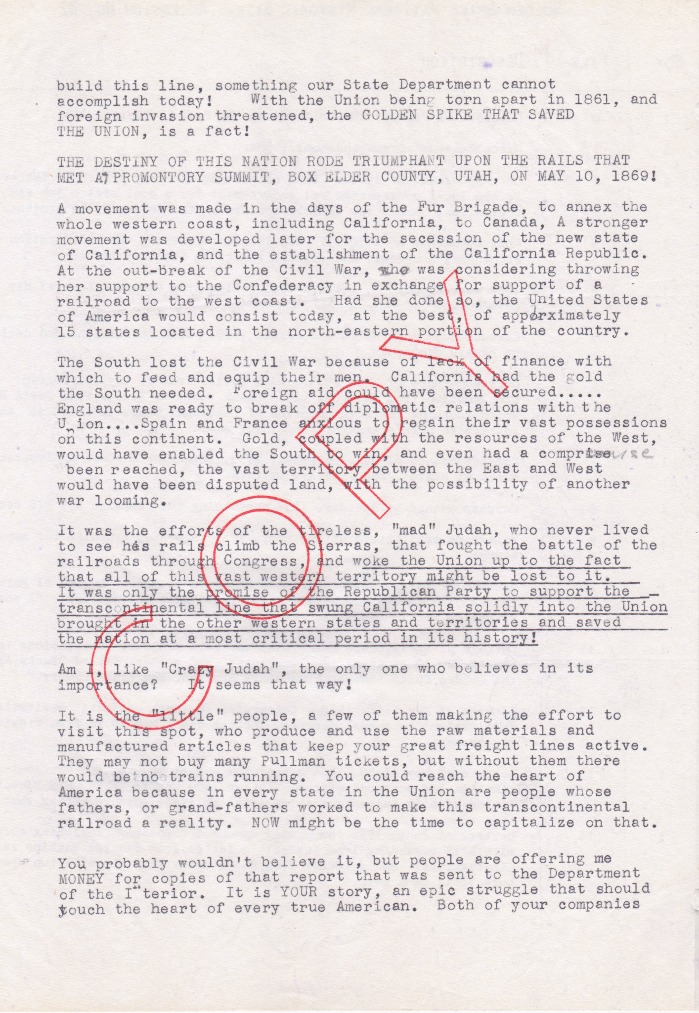 Copy of letter to Union Pacific and Southern Pacific, July 12, 1954, page 2. Bernice Gibbs Anderson Collection. NPS