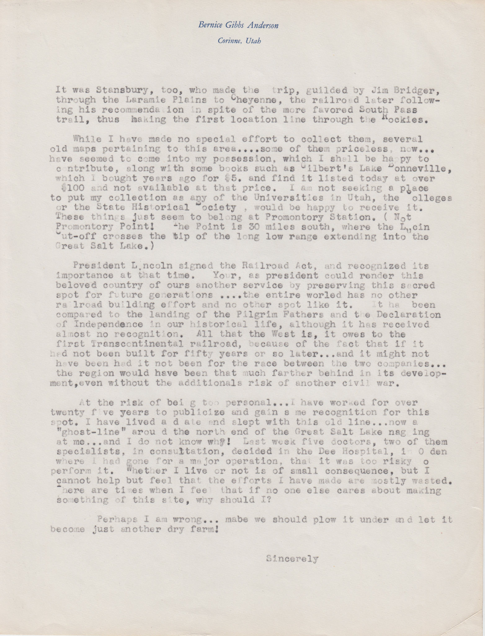 Copy 2 of letter to President Eisenhower, Apr. 6, 1954, page 2. Bernice Gibbs Anderson Collection, NPS
