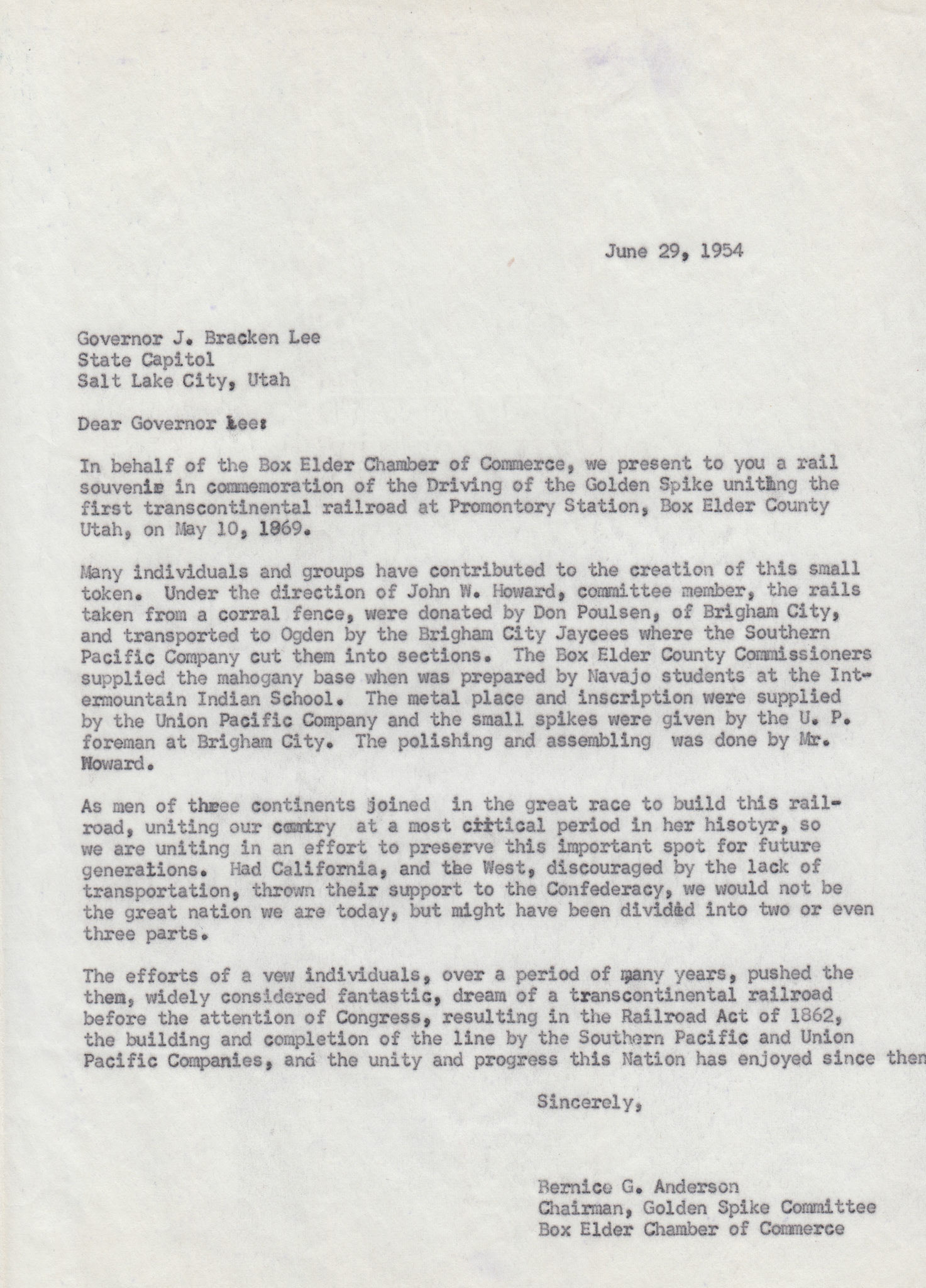 Copy of letter to Governor Bracken Lee re: rail souvenir, June 29, 1954. Bernice Gibbs Anderson Collection, NPS