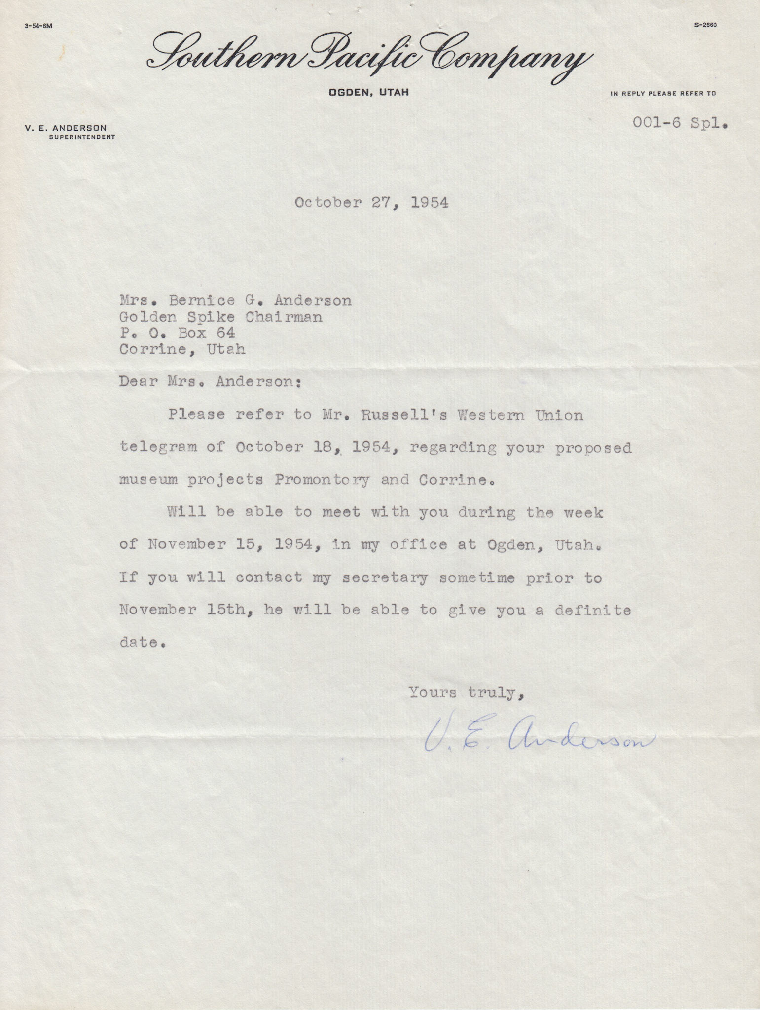 Letter from V.E. Stoddard, Supt. Southern Pacific, Ogden, Oct. 27, 1954. Bernice Gibbs Anderson Collection, NPS