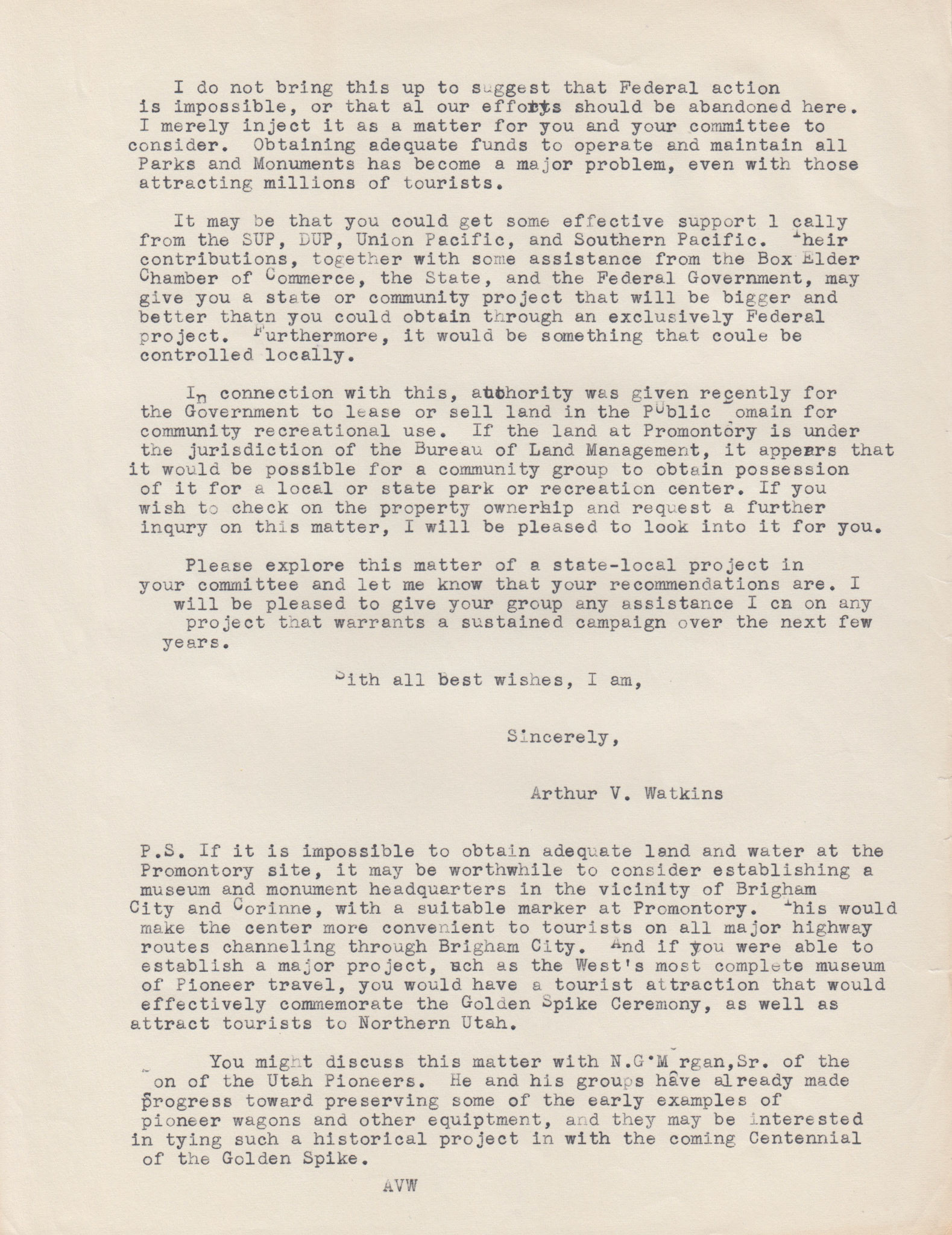 Copy of letter with P.S. from Senator Arthur V. Watkins, page 2. Bernice Gibbs Anderson, NPS