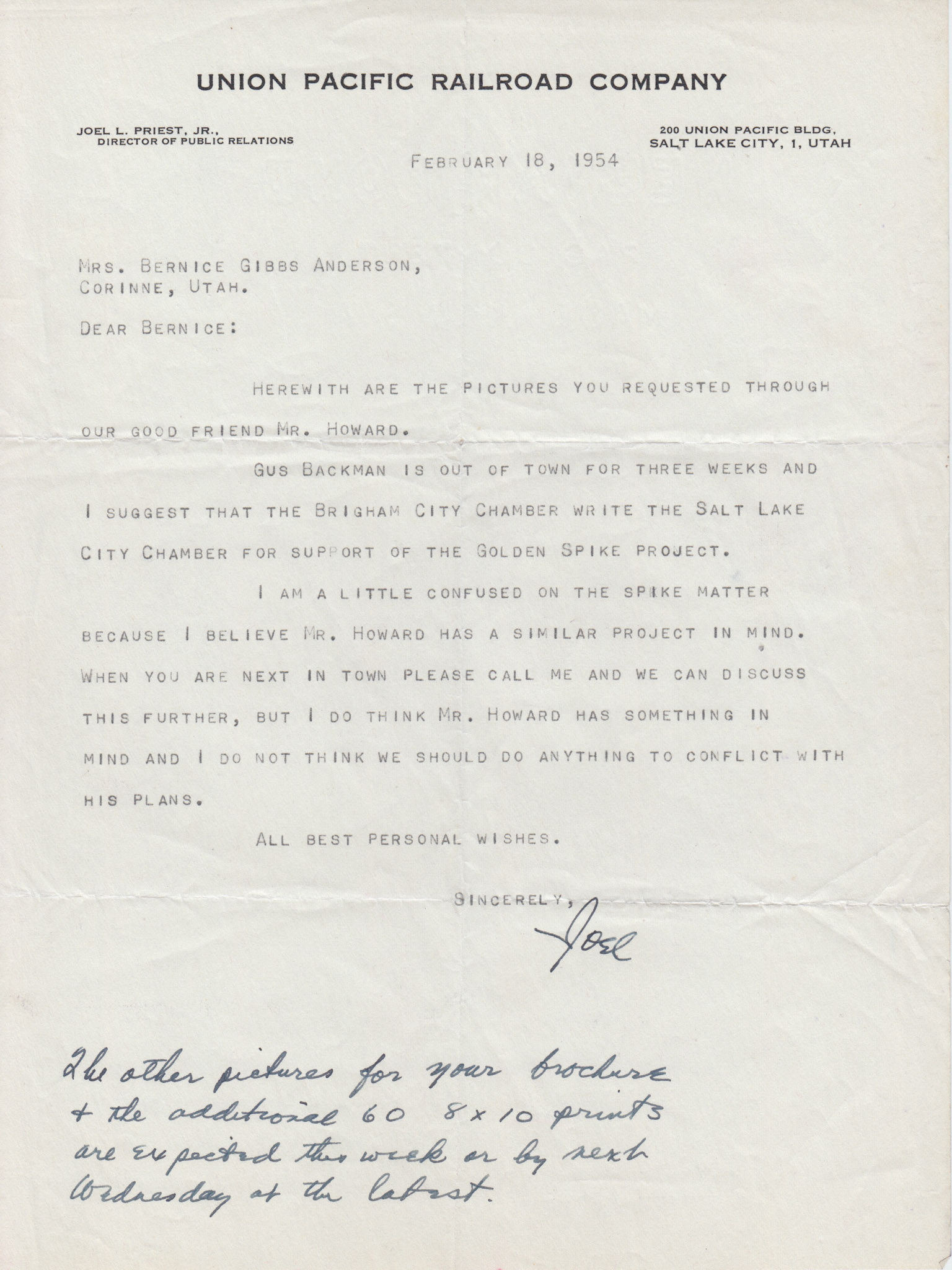 Letter from Union Pacific Dir. of Public Relations Joel L. Priest, Jr. Feb. 18, 1954. Bernice Gibbs Anderson Collection, NPS