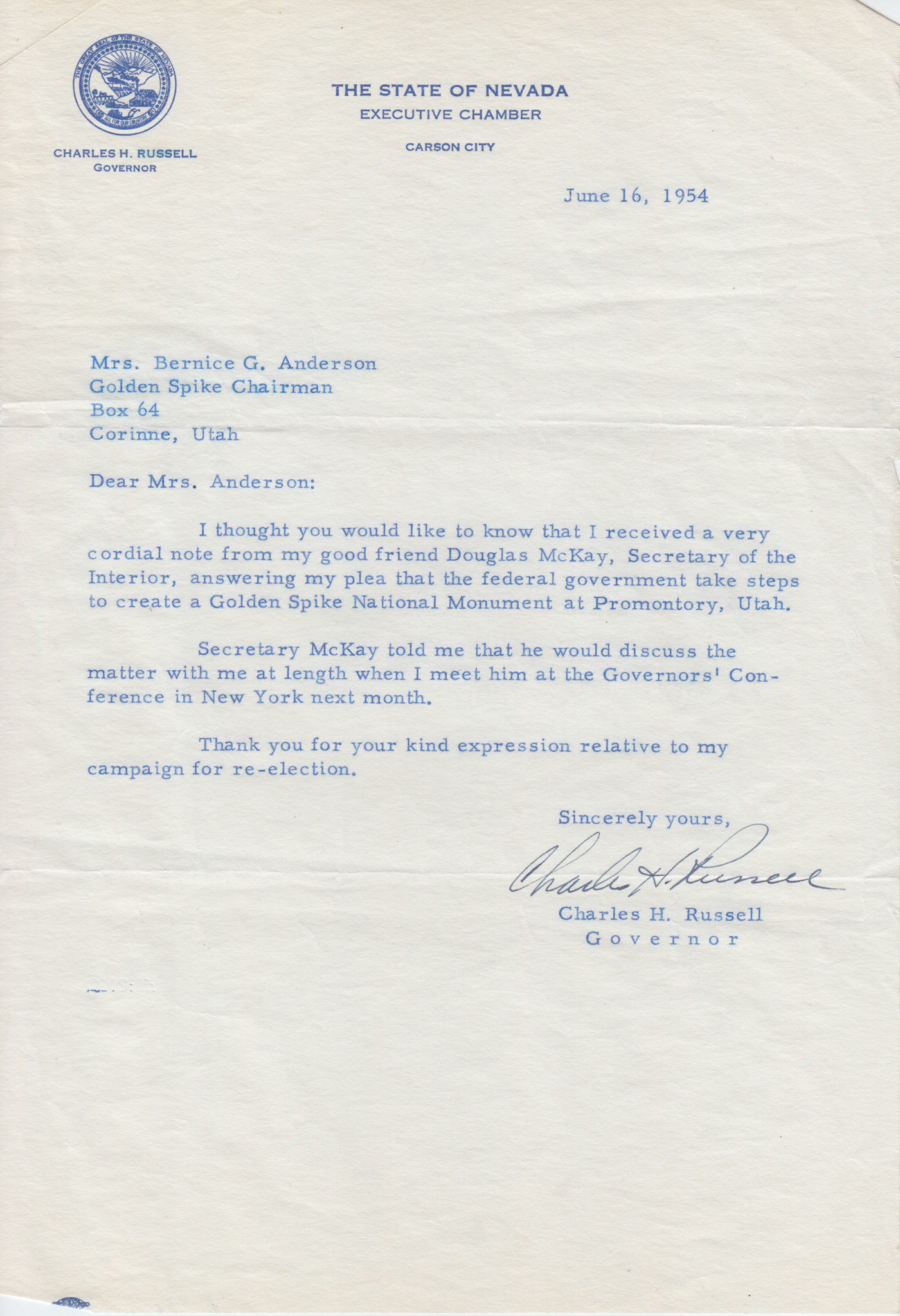 Letter from Nevada Governor Charles H. Russell, June 16, 1954. Bernice Gibbs Anderson Collecction, NPS