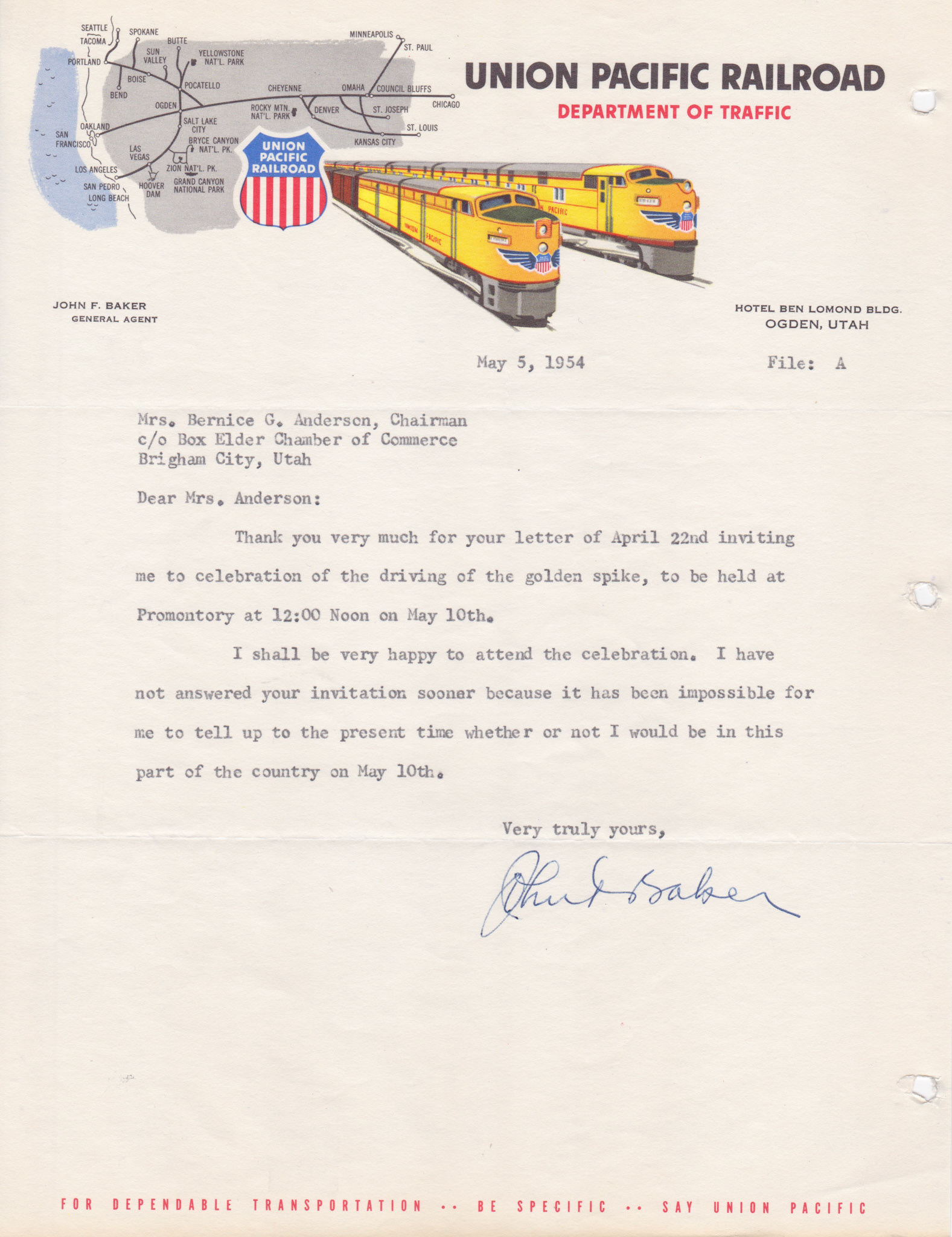 Acceptance from Union Pacific General Agent John F. Baker, May 9, 1954. Bernice Gibbs Anderson Collection, NPS